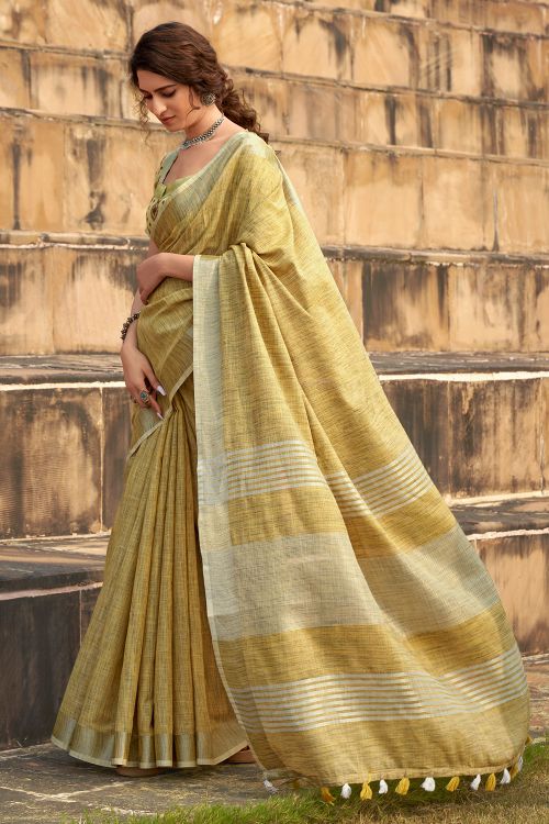 Ochre Yellow Linen Saree