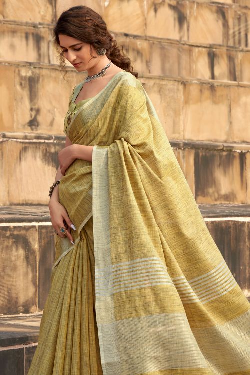 Ochre Yellow Linen Saree