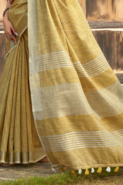 Ochre Yellow Linen Saree