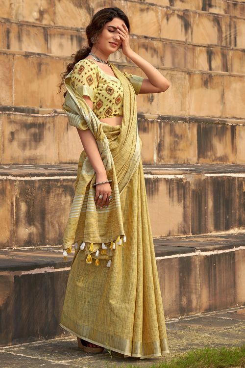 Ochre Yellow Linen Saree