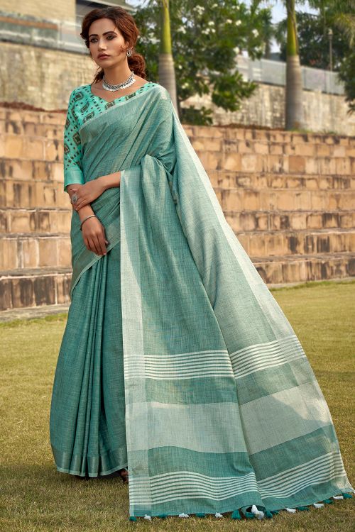 Brunnera Blue Linen Saree