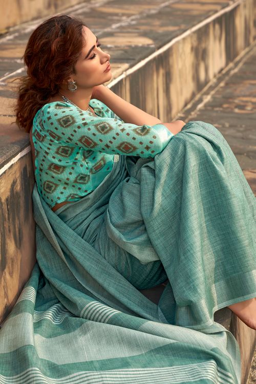 Brunnera Blue Linen Saree