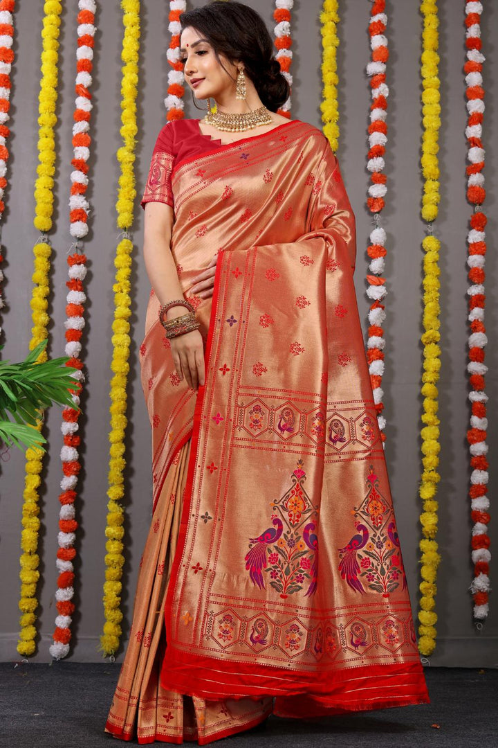 Blue and Red Paithani Silk Saree with Pen Kalamkari - Desically Ethnic