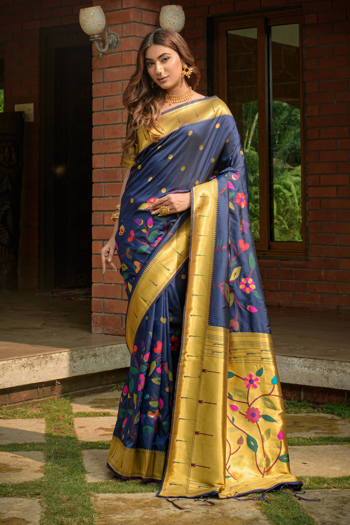 Navy Blue Woven Paithani Silk Saree - Shaaola.com