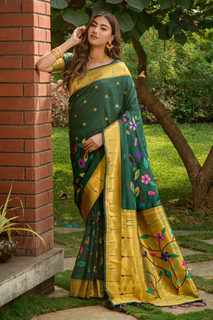 Lovely Green Paithani Silk Saree With Blouse Piece – kalkinaari