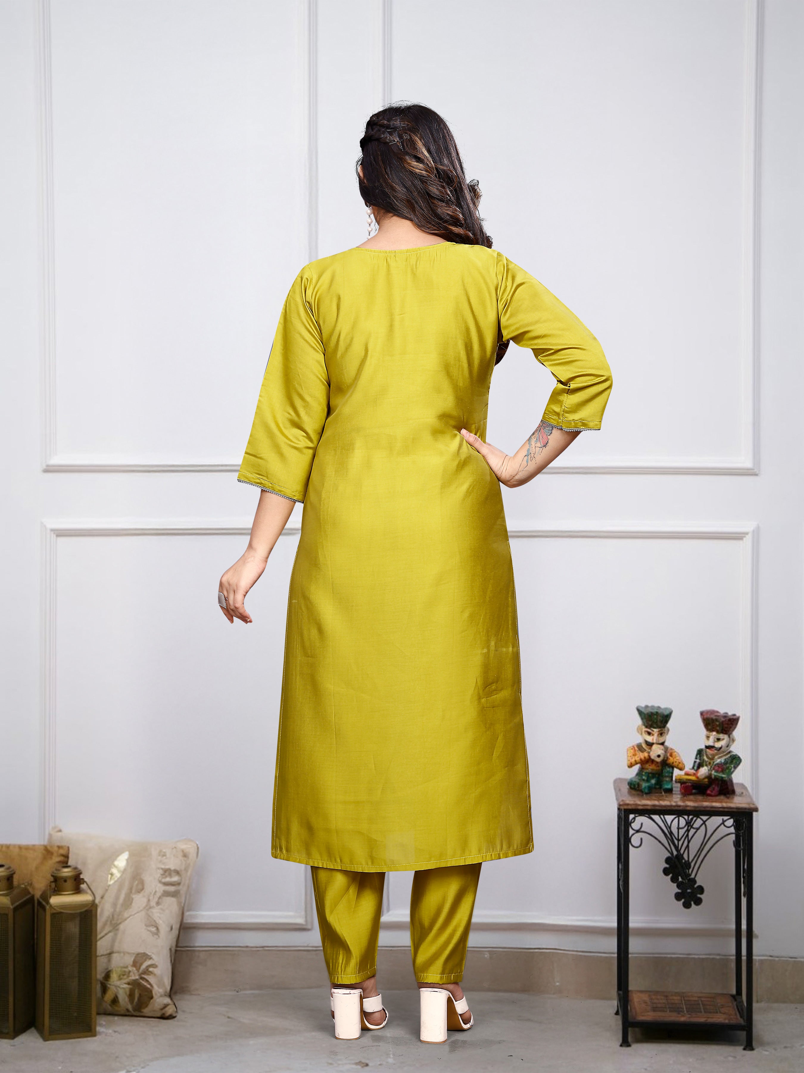 Lemon Yellow Women Embroidered Chanderi Silk Kurta Set