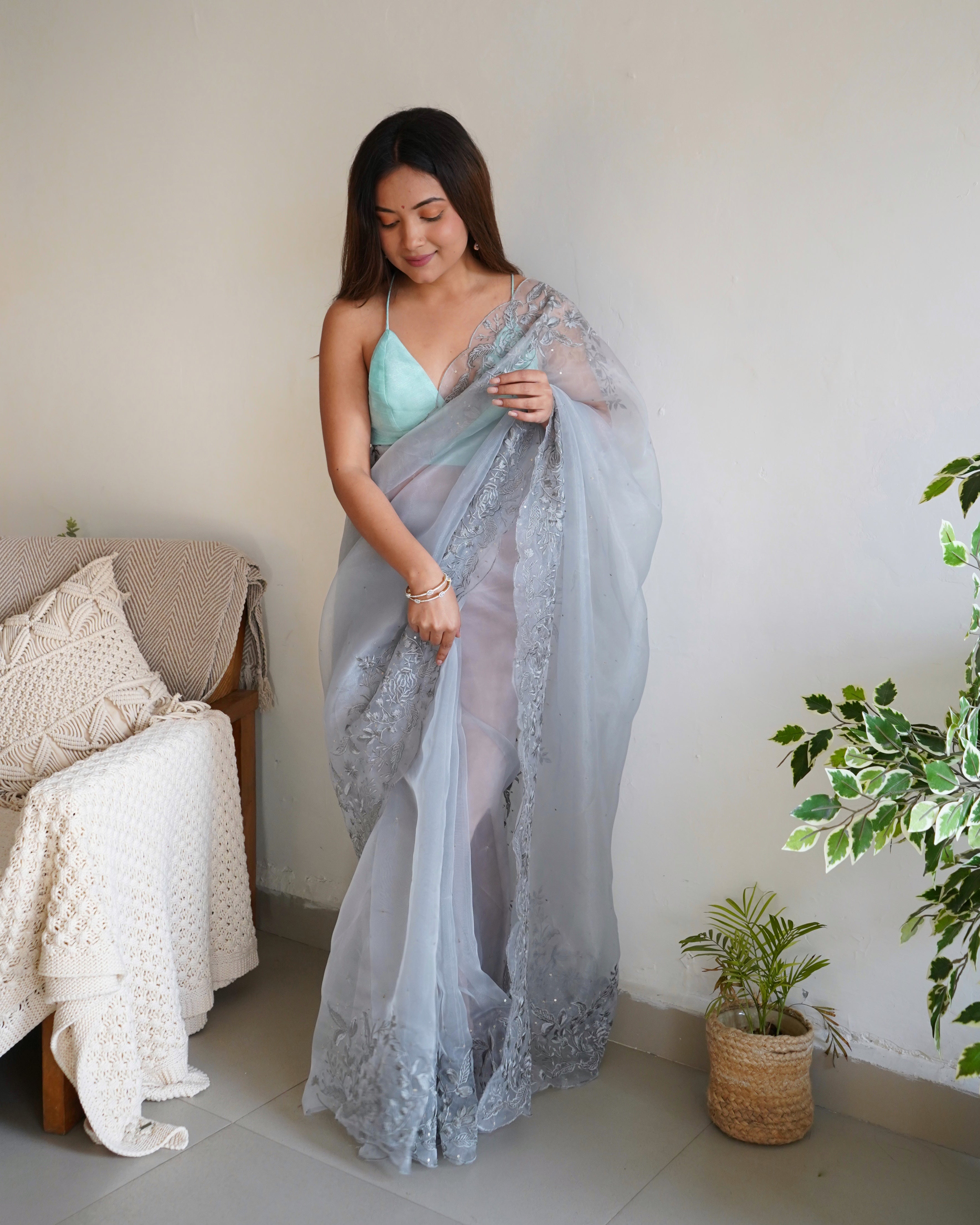 Grey Organza Saree With sattin benglori Blouse