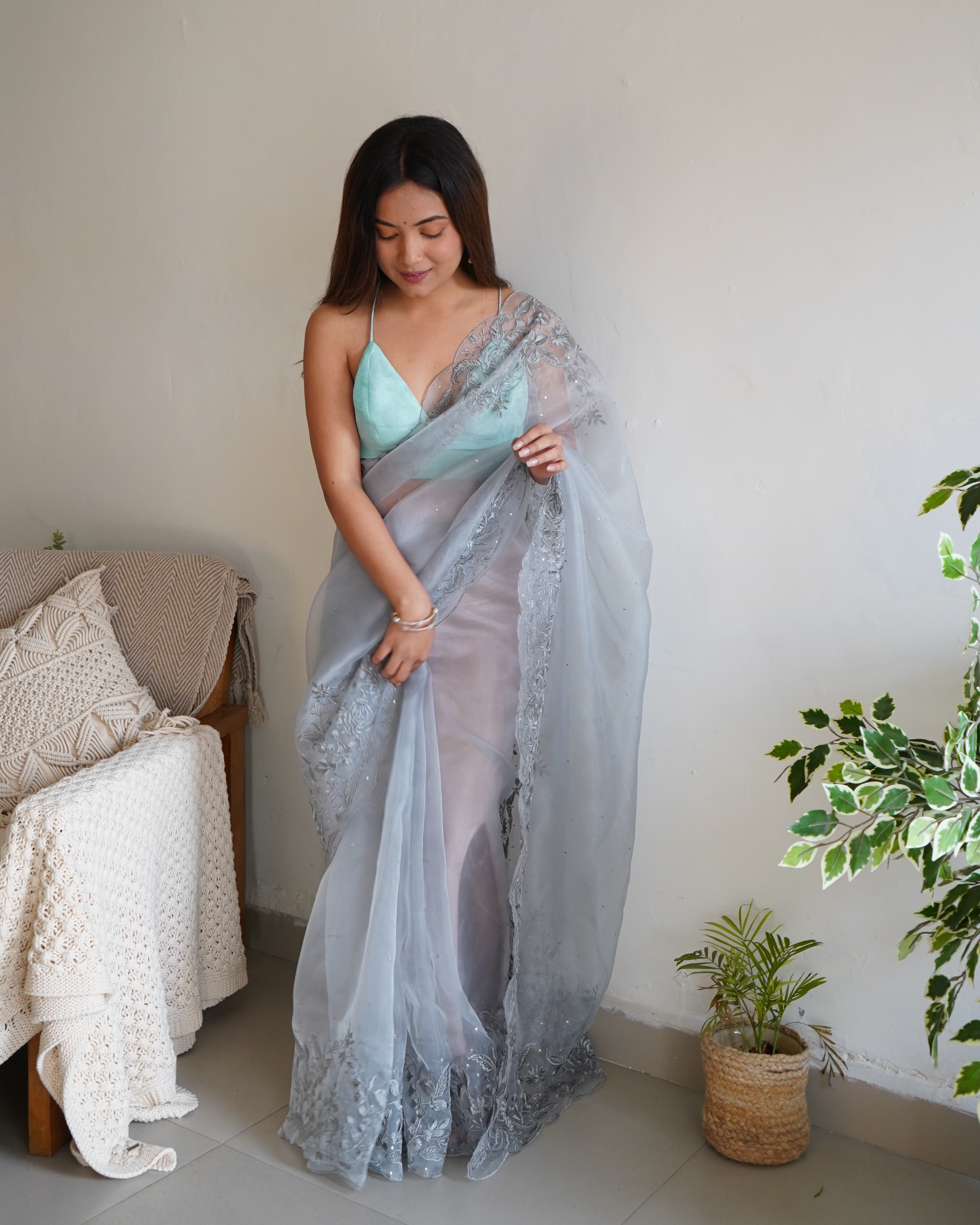 Grey Organza Saree With sattin benglori Blouse