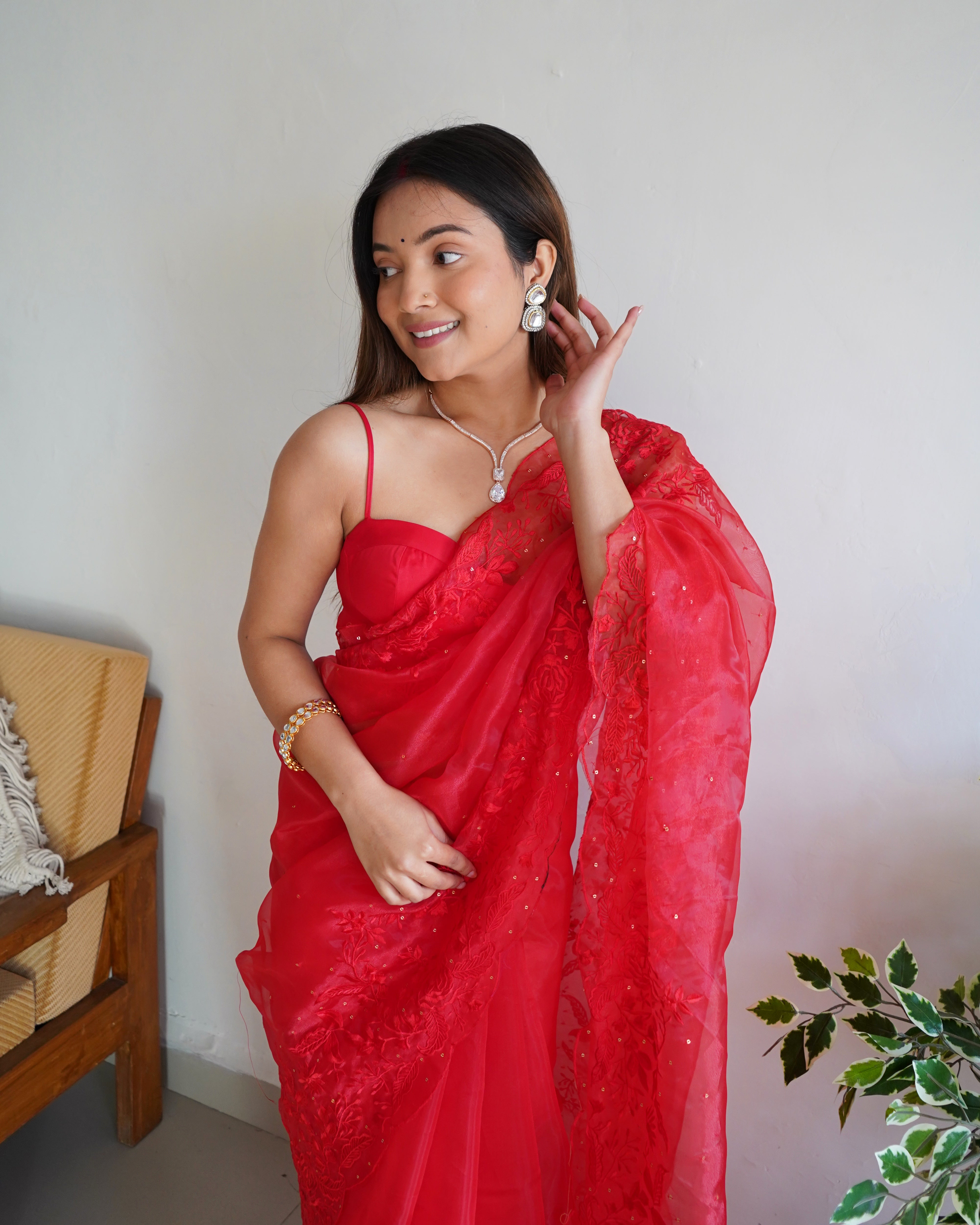 Red Organza Saree With sattin benglori Blouse