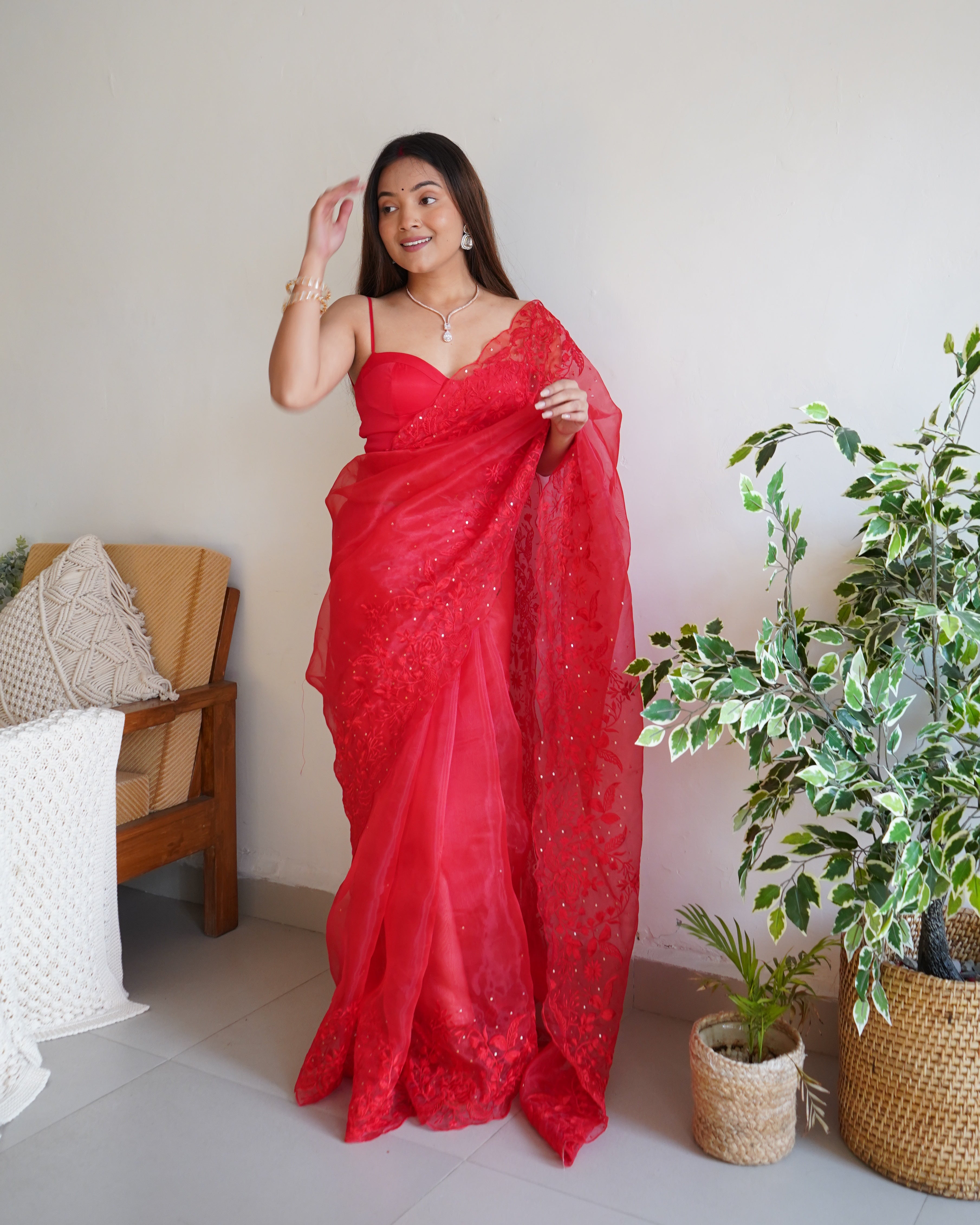 Red Organza Saree With sattin benglori Blouse