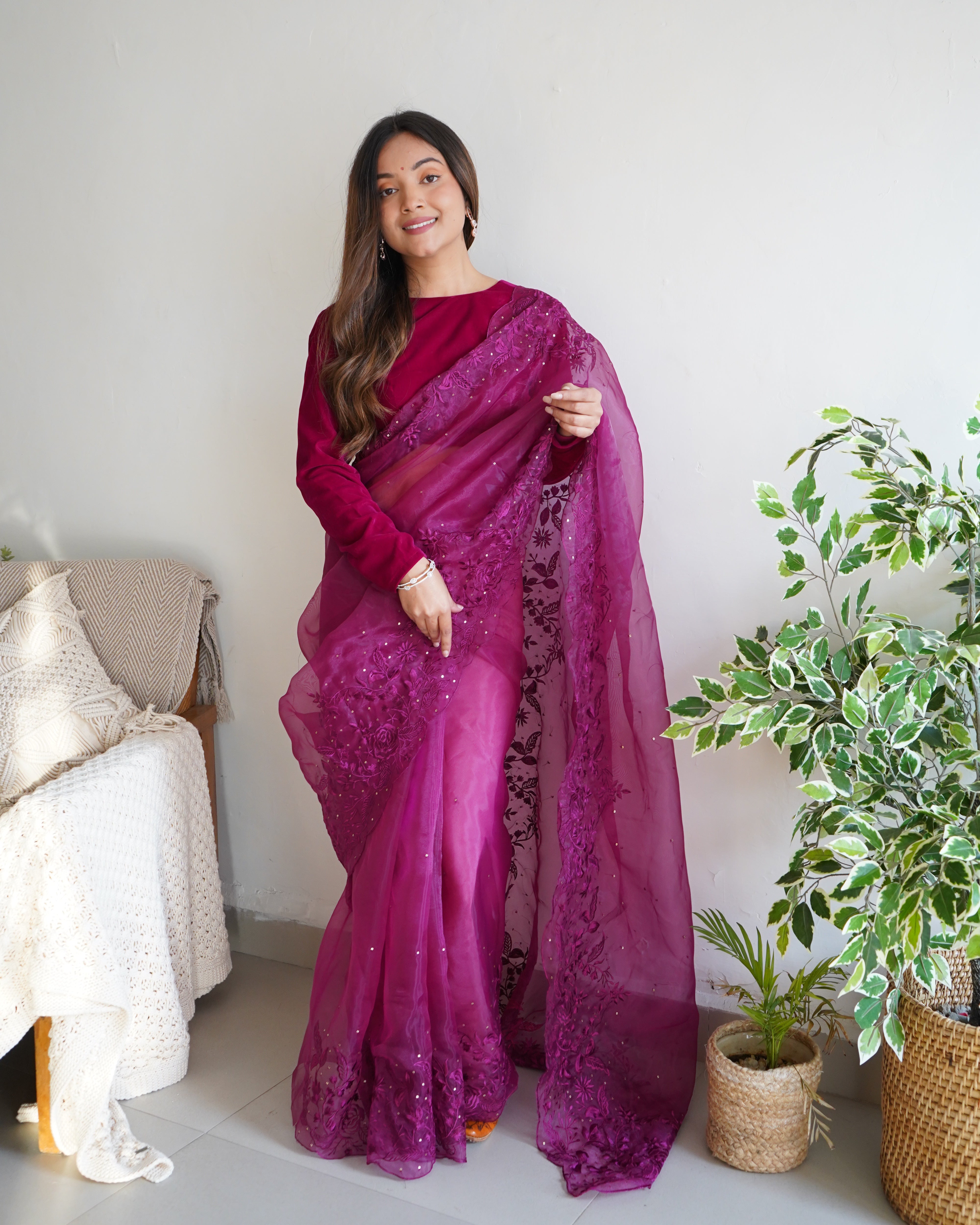 Purple Organza Saree With sattin benglori Blouse