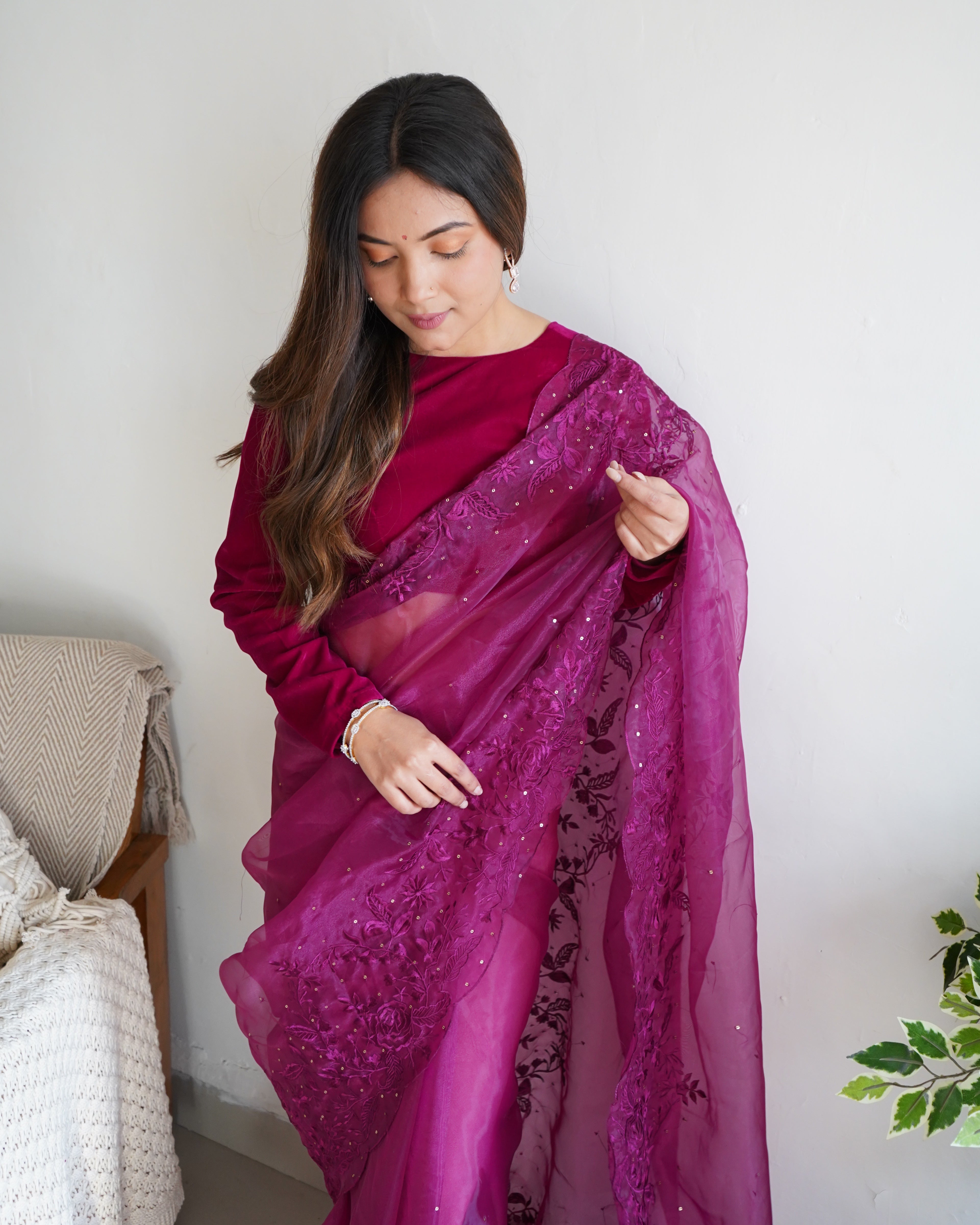 Purple Organza Saree With sattin benglori Blouse