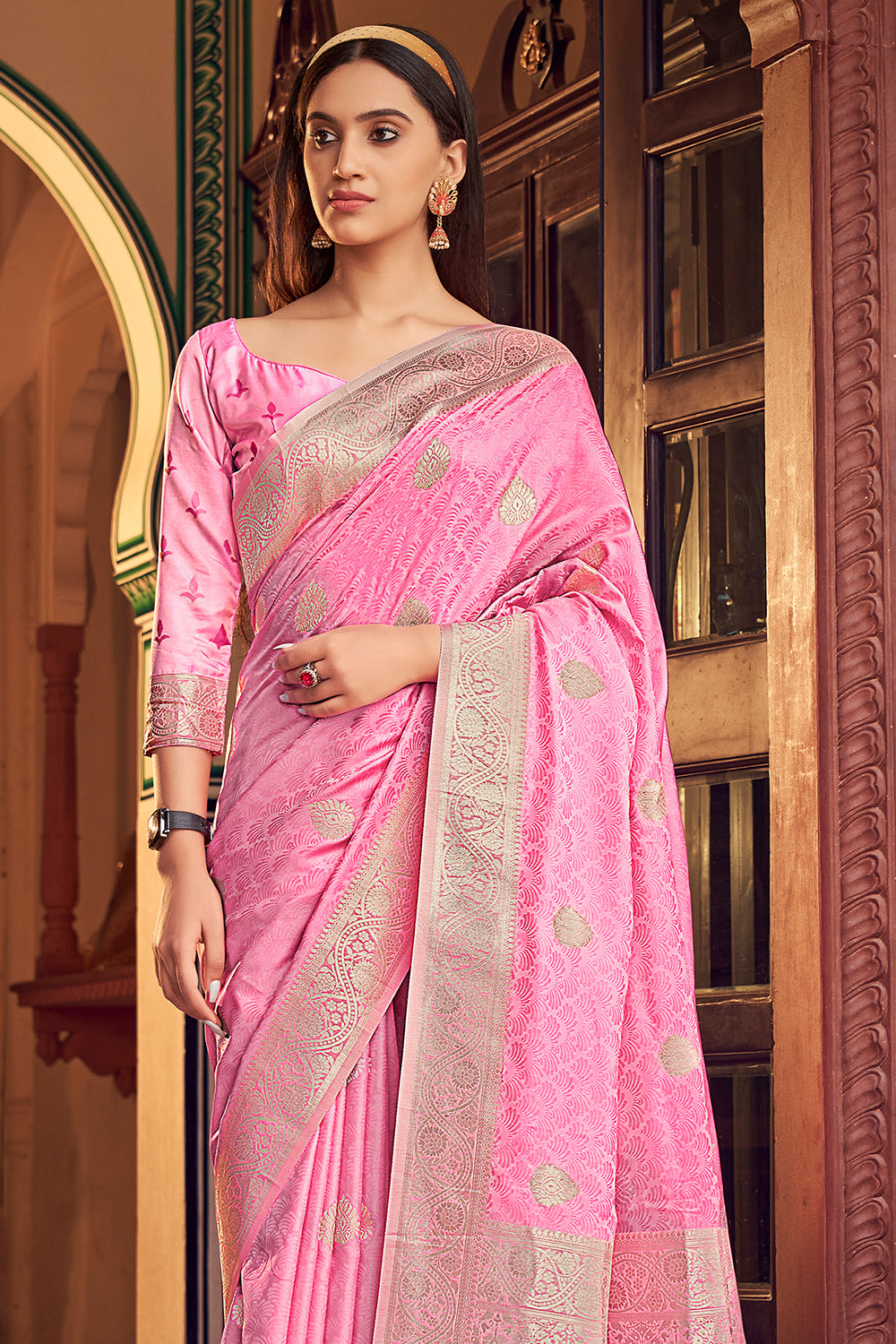 Baby Pink Banarasi Satin Saree