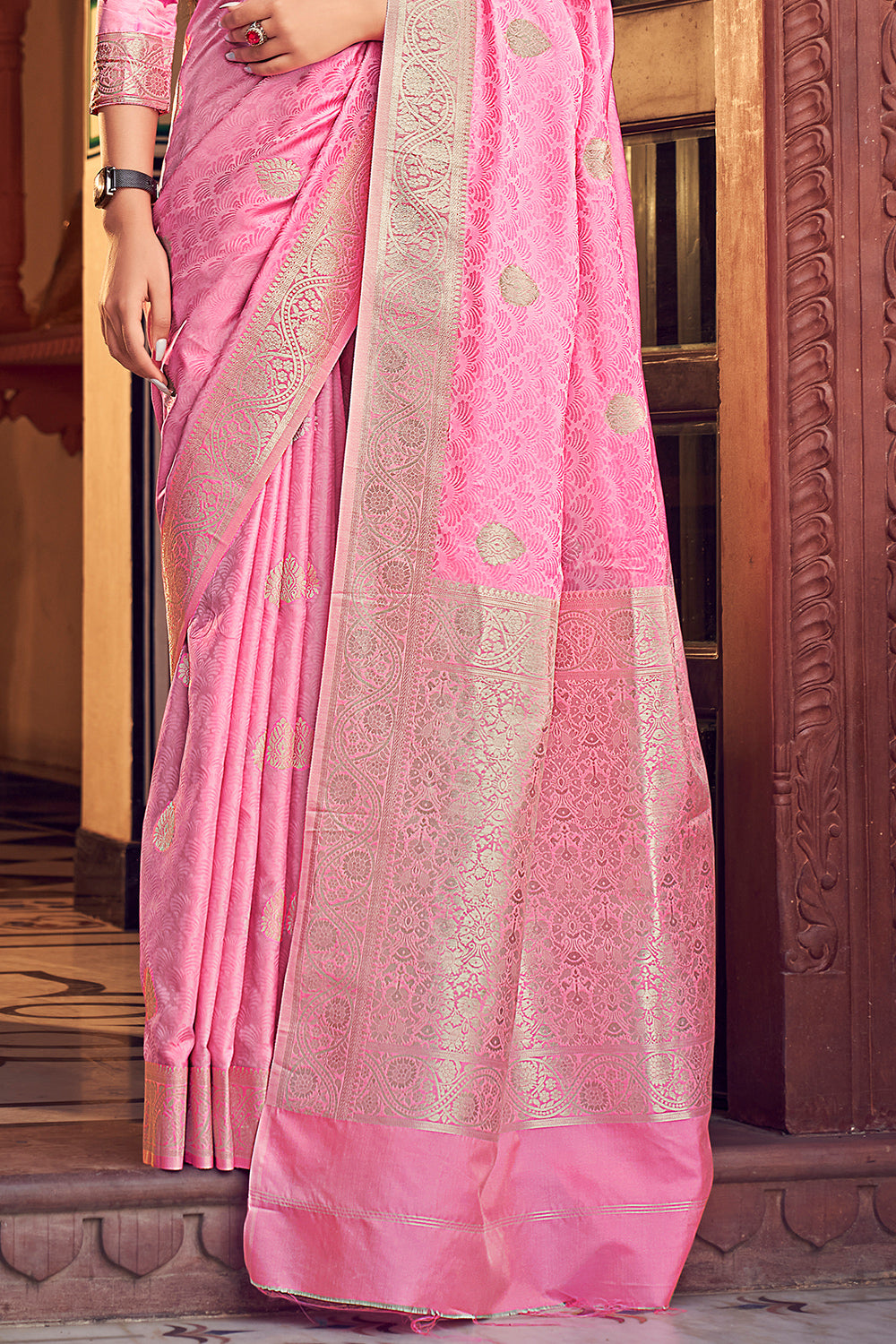 Baby Pink Banarasi Satin Saree