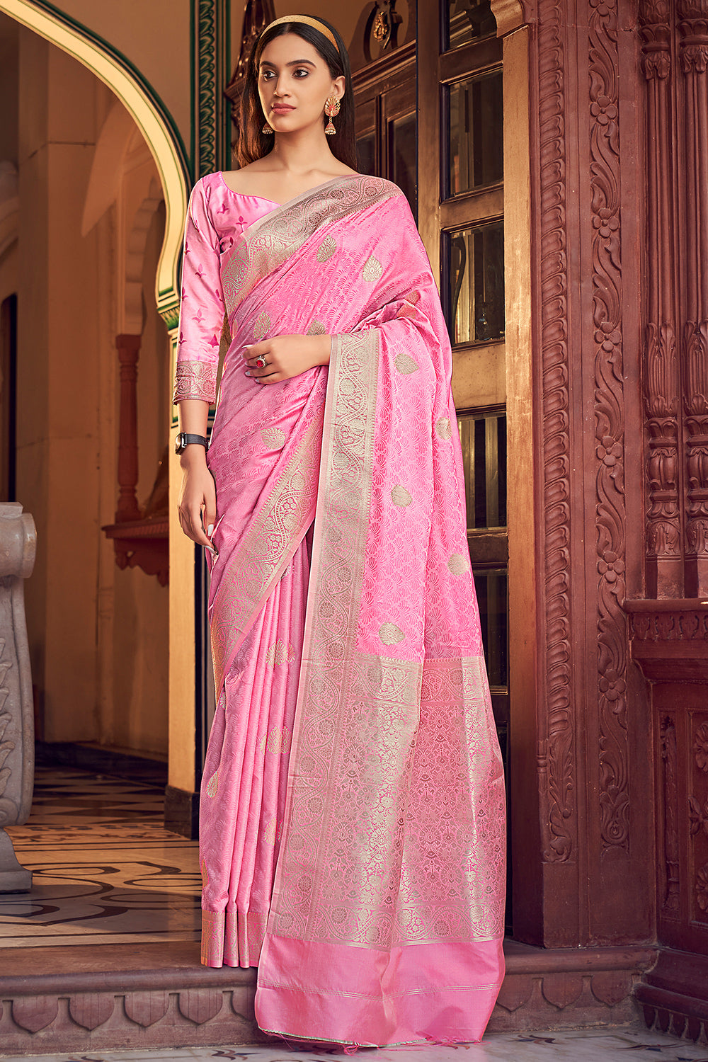 Baby Pink Banarasi Satin Saree