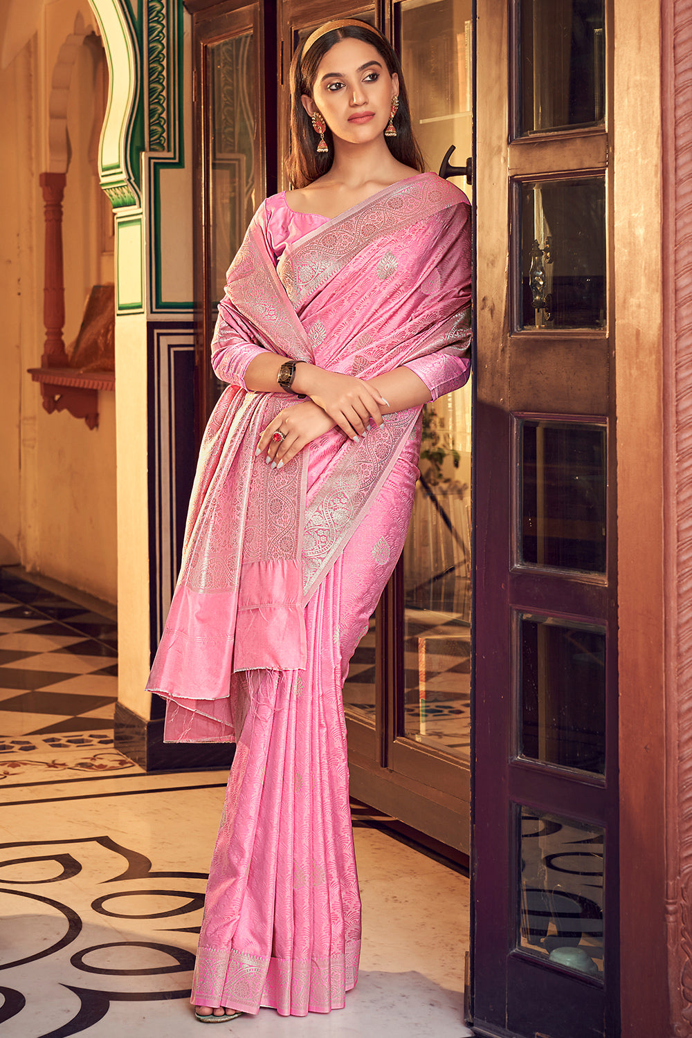 Baby Pink Banarasi Satin Saree