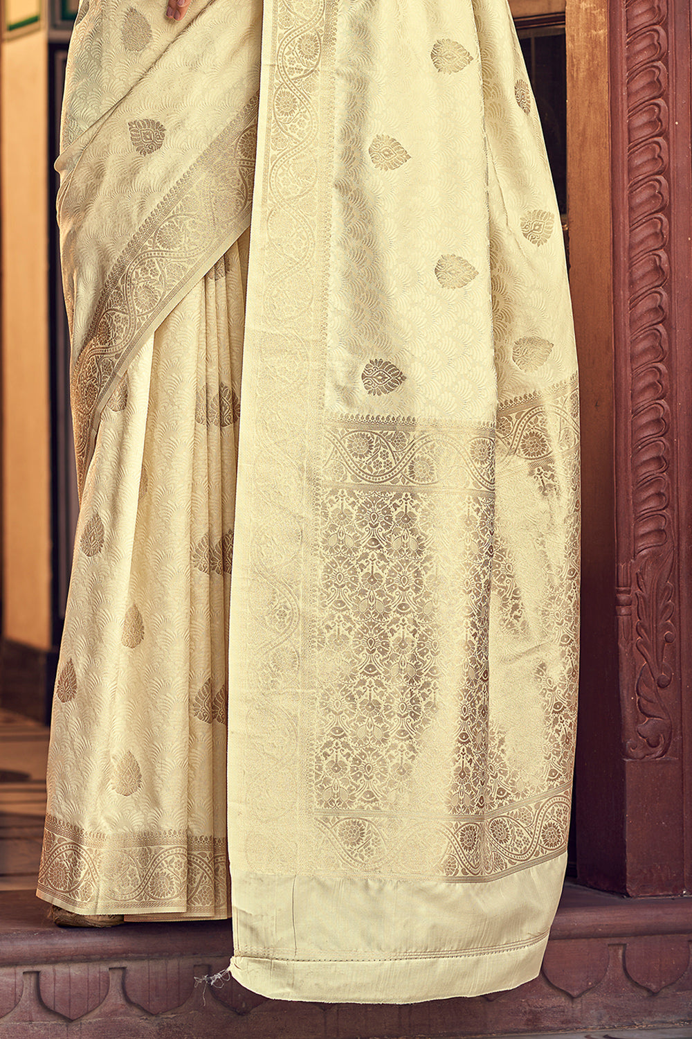 White Cream Banarasi Satin Saree