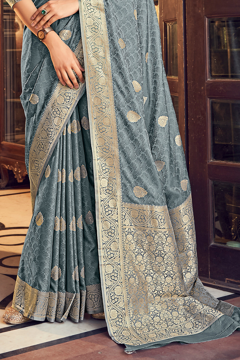 Light Grey Banarasi Satin Saree