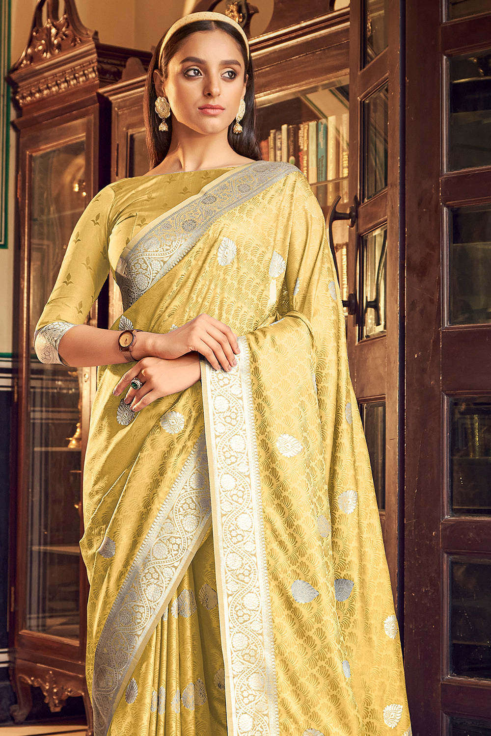 Lemon Yellow Banarasi Satin Saree