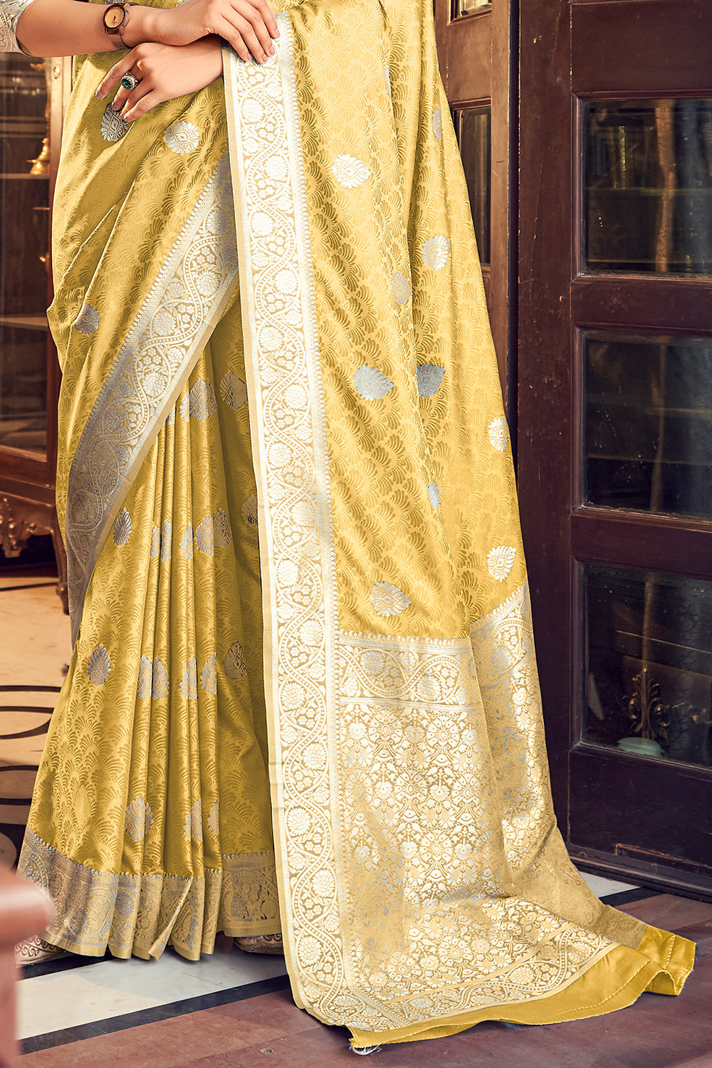 Lemon Yellow Banarasi Satin Saree