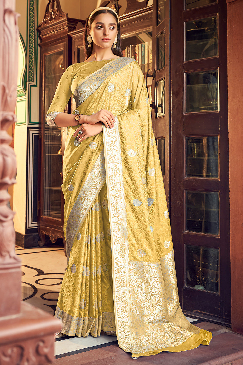 Lemon Yellow Banarasi Satin Saree