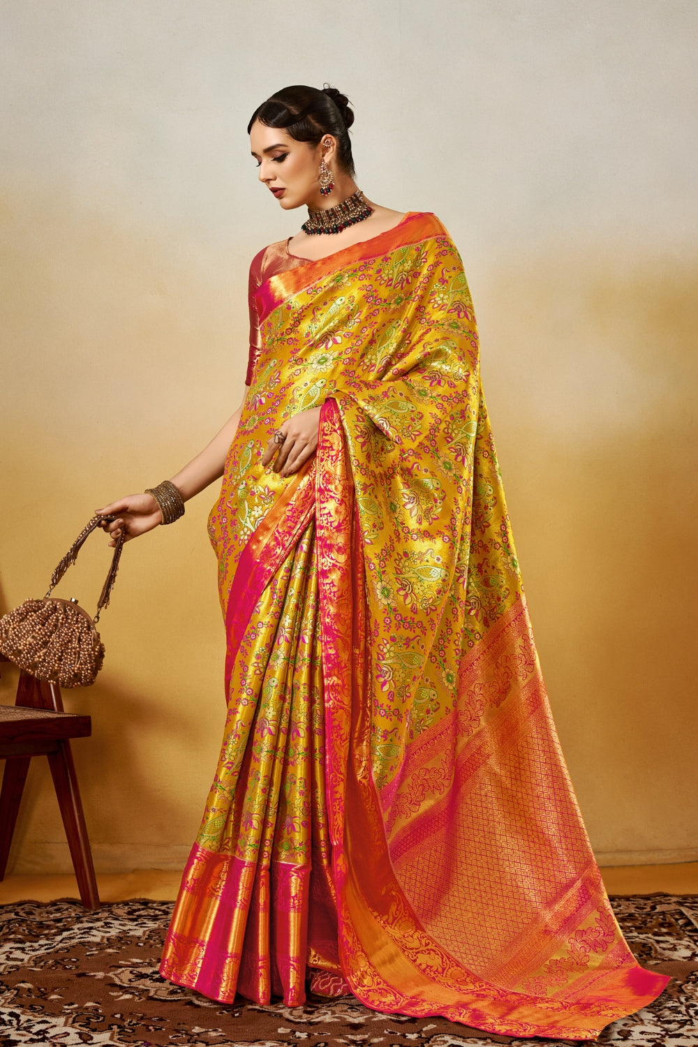 Bright Yellow Banarasi Saree