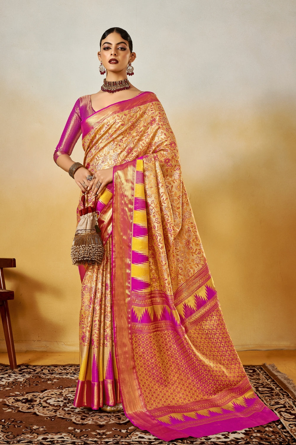 Peach Pink Banarasi Saree