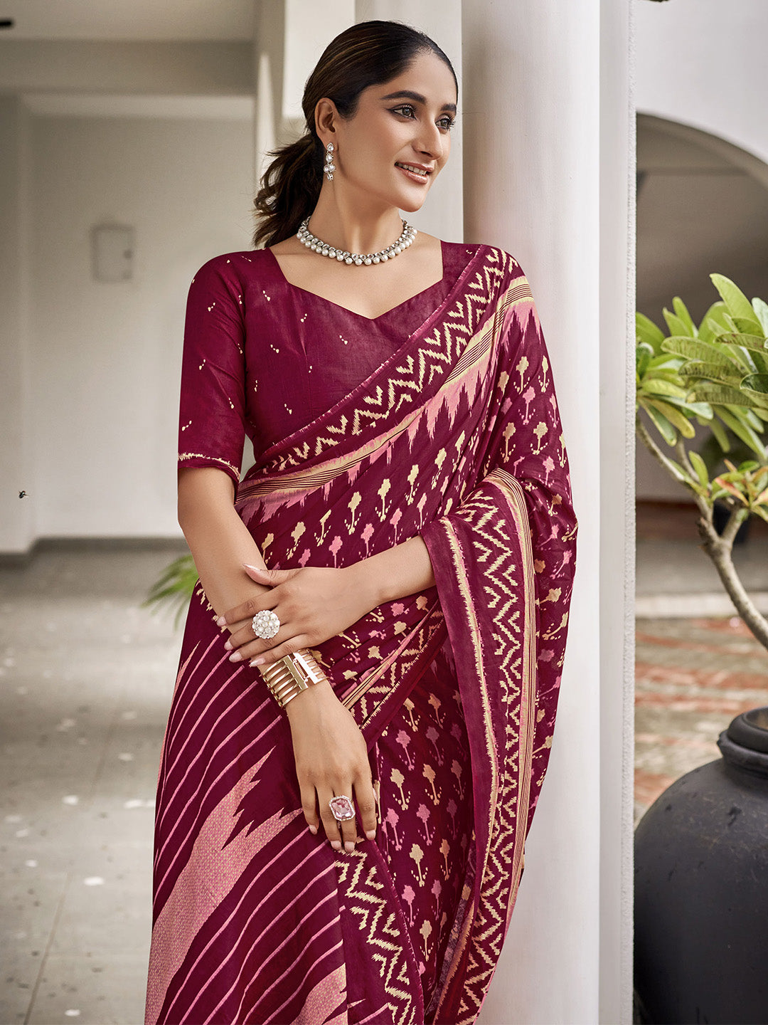 Maroon  Mulmul Cottons Saree