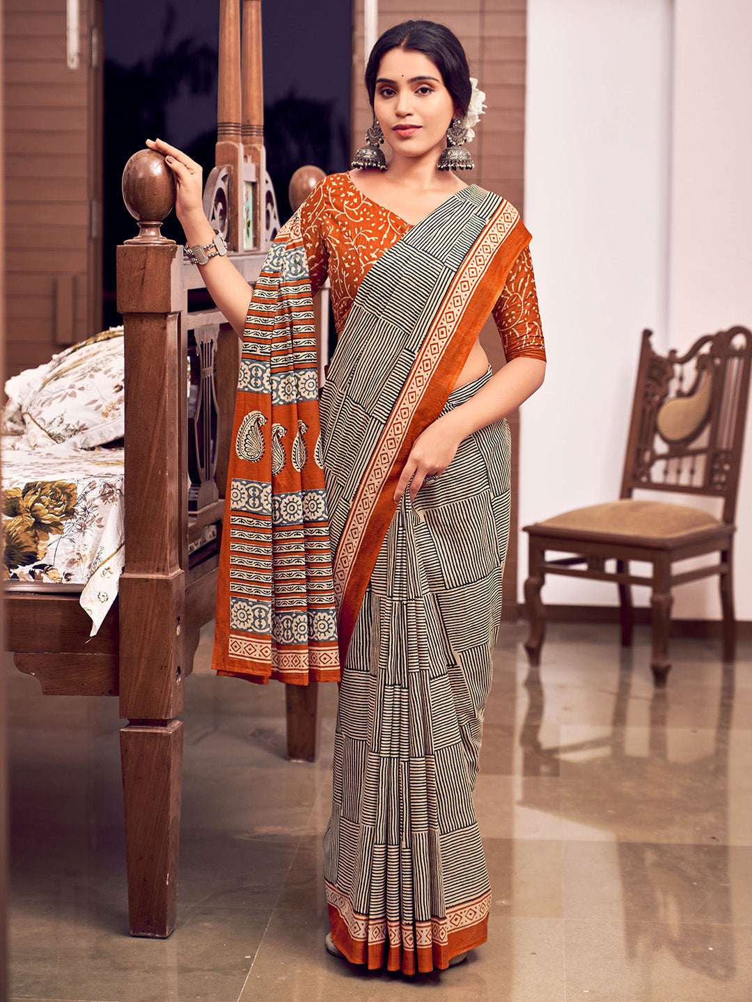 Orange And Black Mulmul Cottons Saree