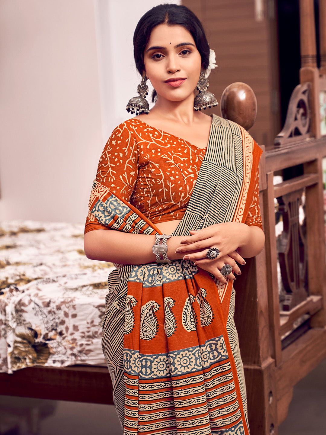 Orange And Black Mulmul Cottons Saree