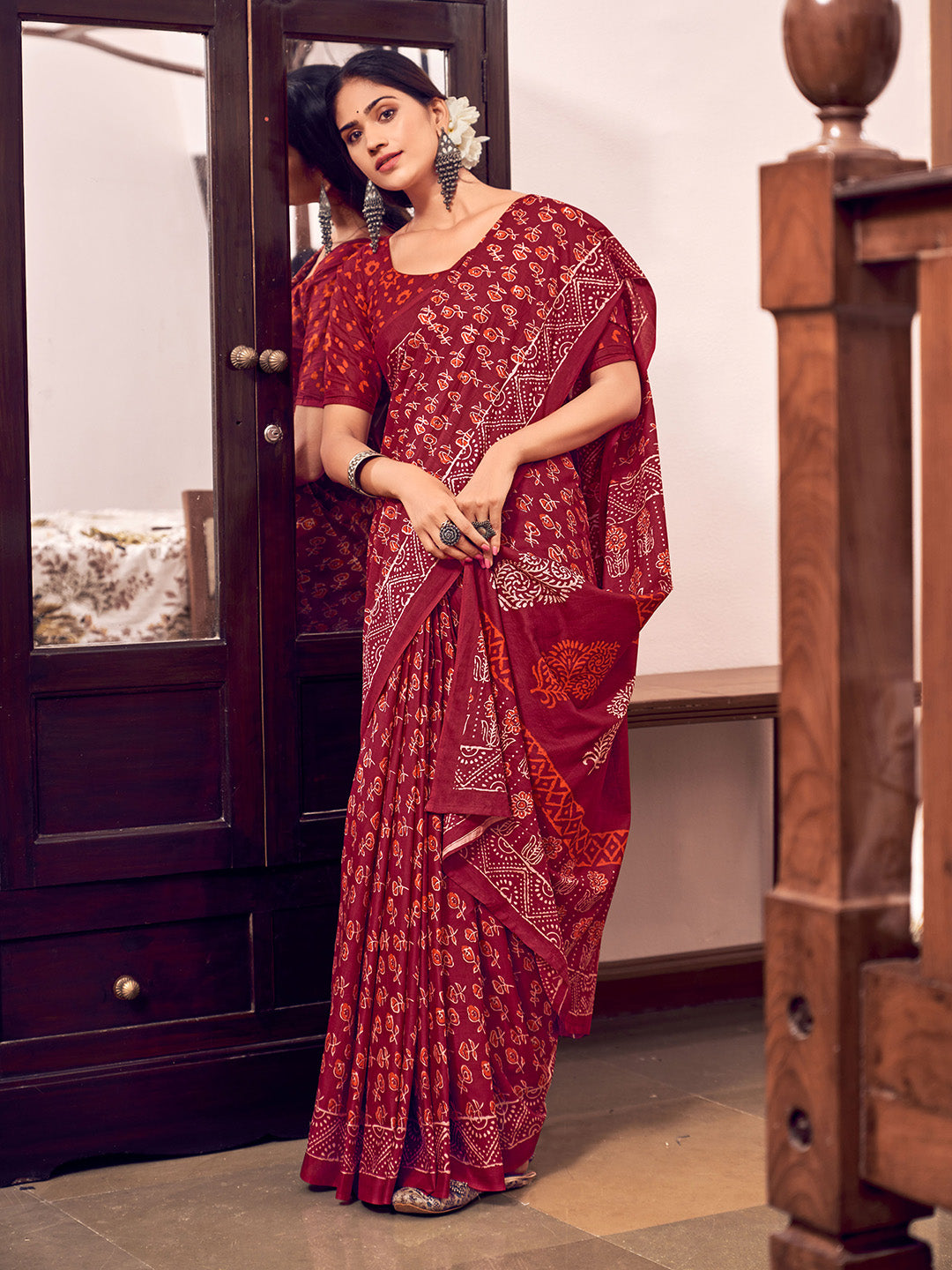 Red Mulmul Cottons Saree