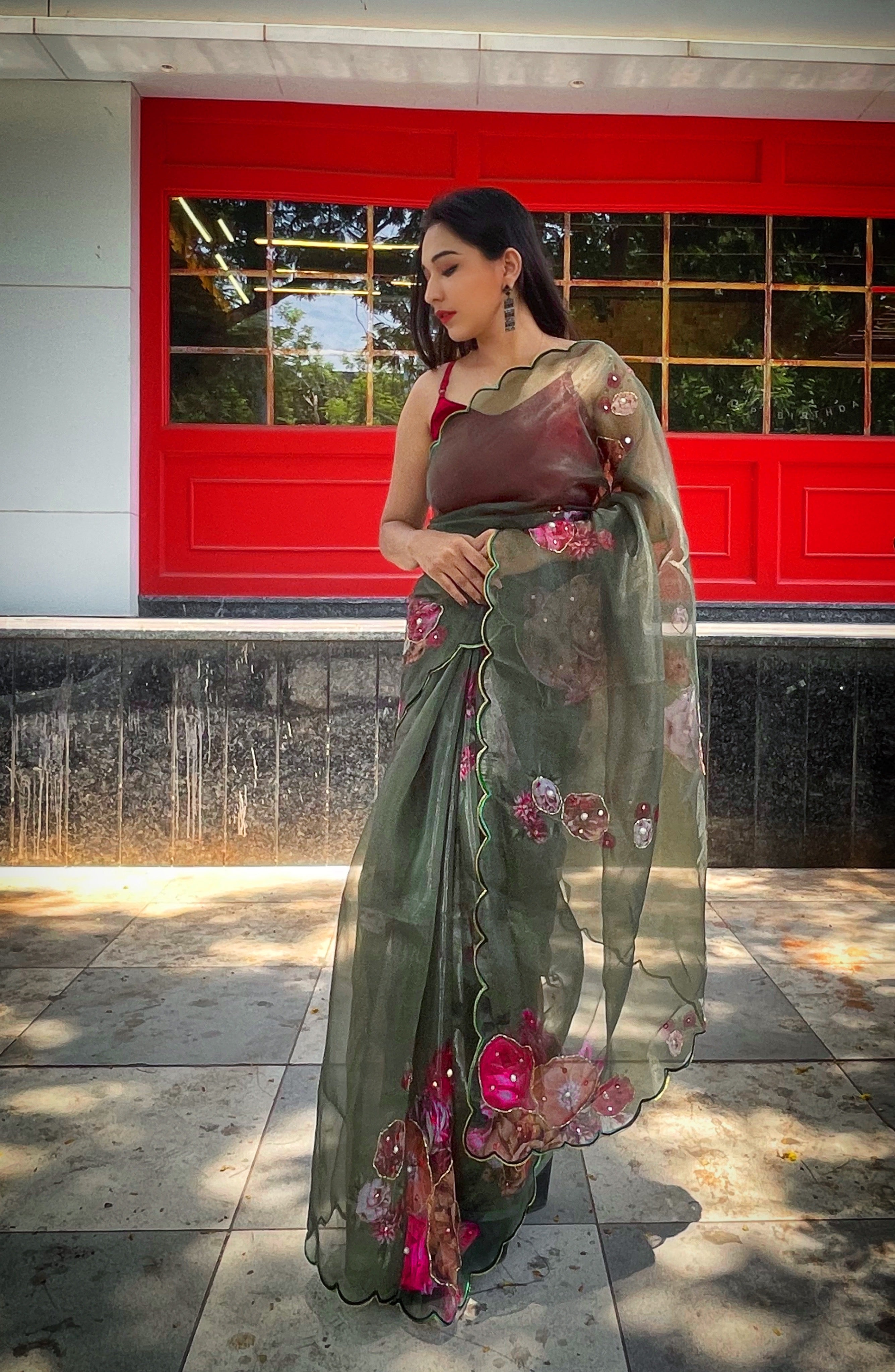 GREEN Organza Saree With Satin Benglori Blouse