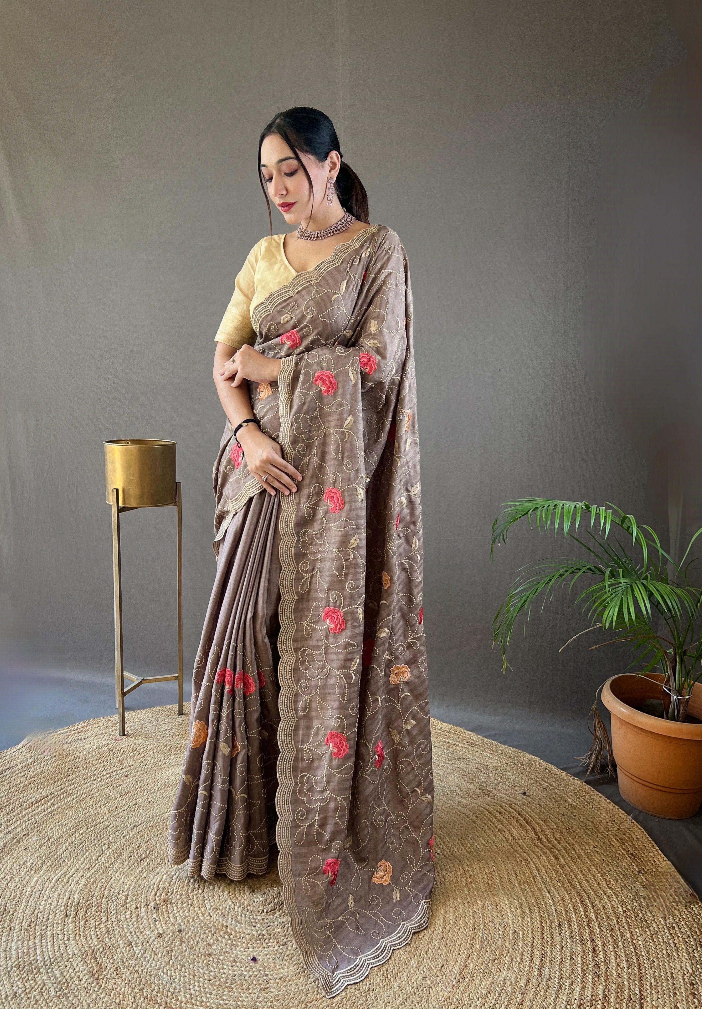 BROWN Pure tussar silk SAREE