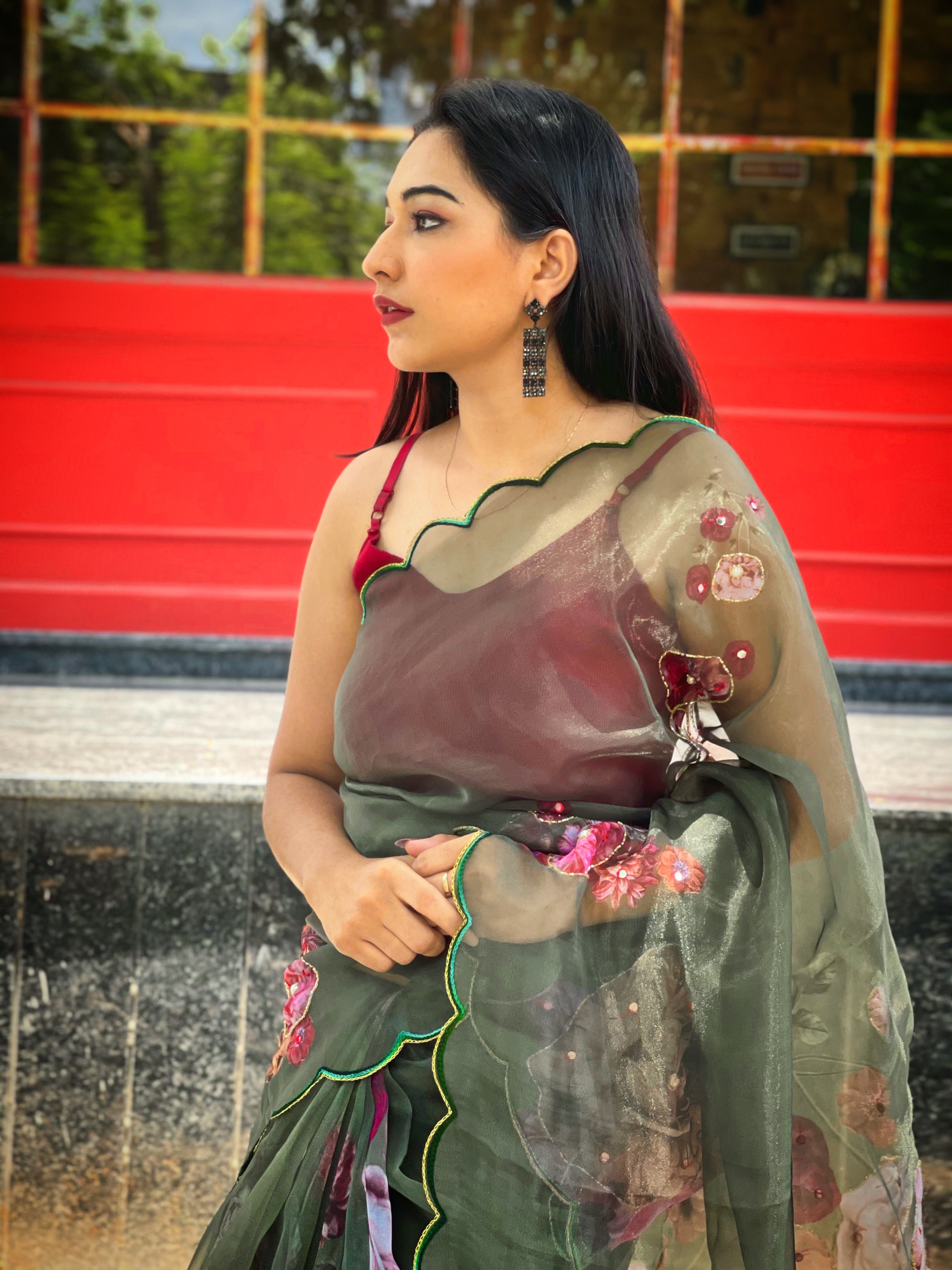 GREEN Organza Saree With Satin Benglori Blouse