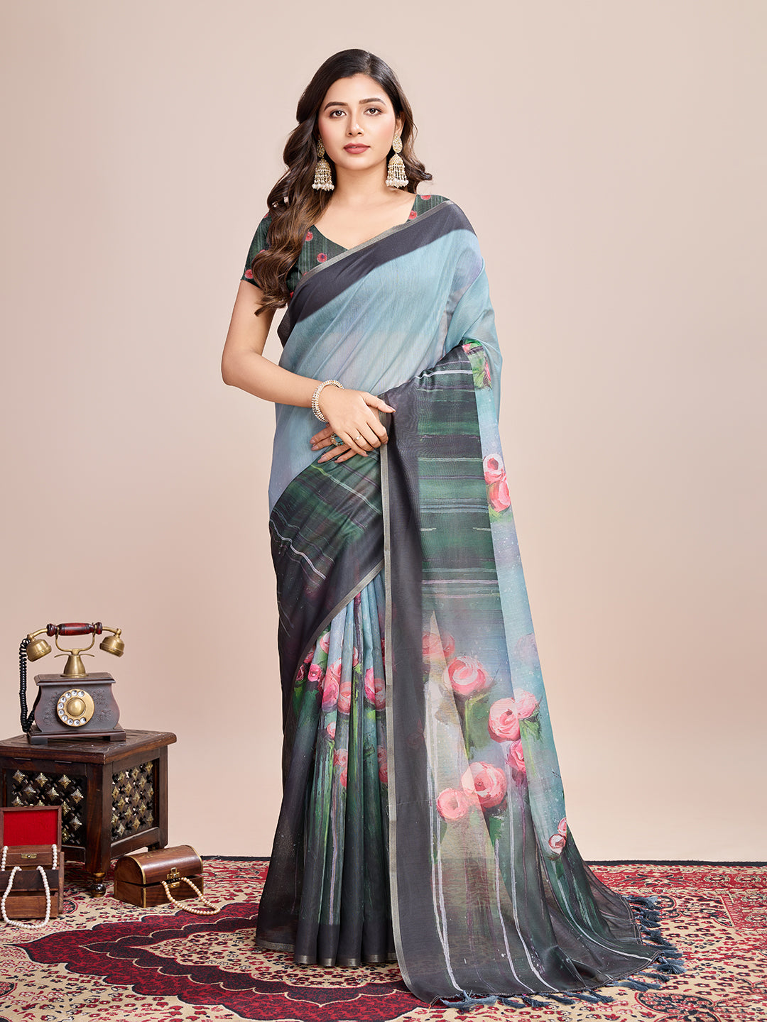 SKY SEMI LINEN SAREE