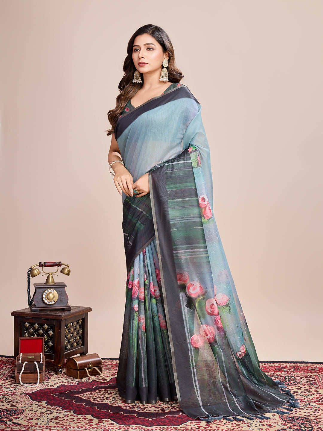 SKY SEMI LINEN SAREE