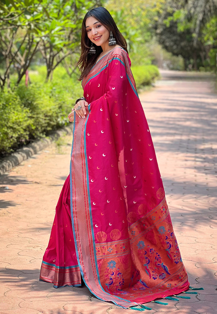 Cherry Pink Moon Paithani Saree