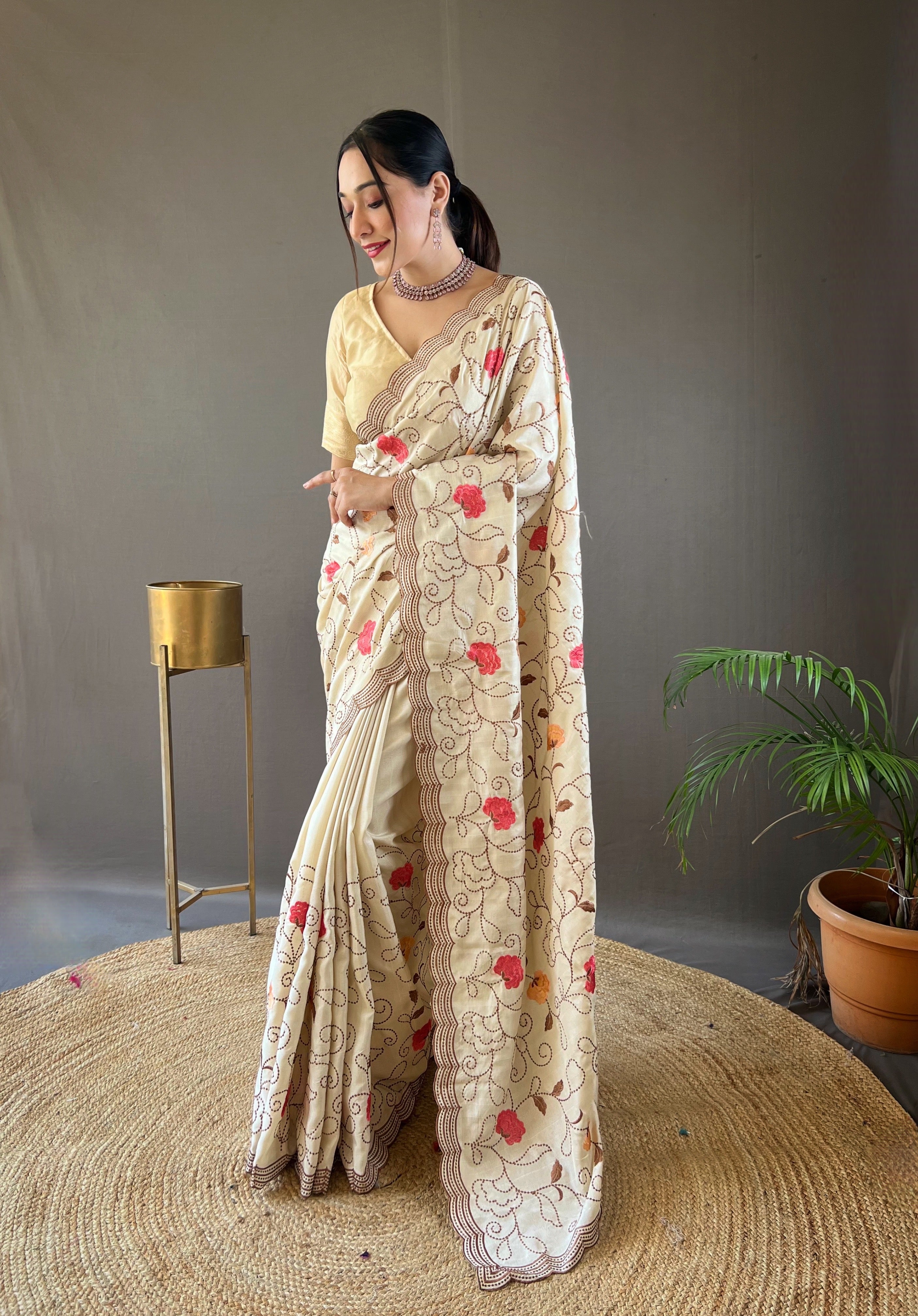 CREAM Pure tussar silk SAREE