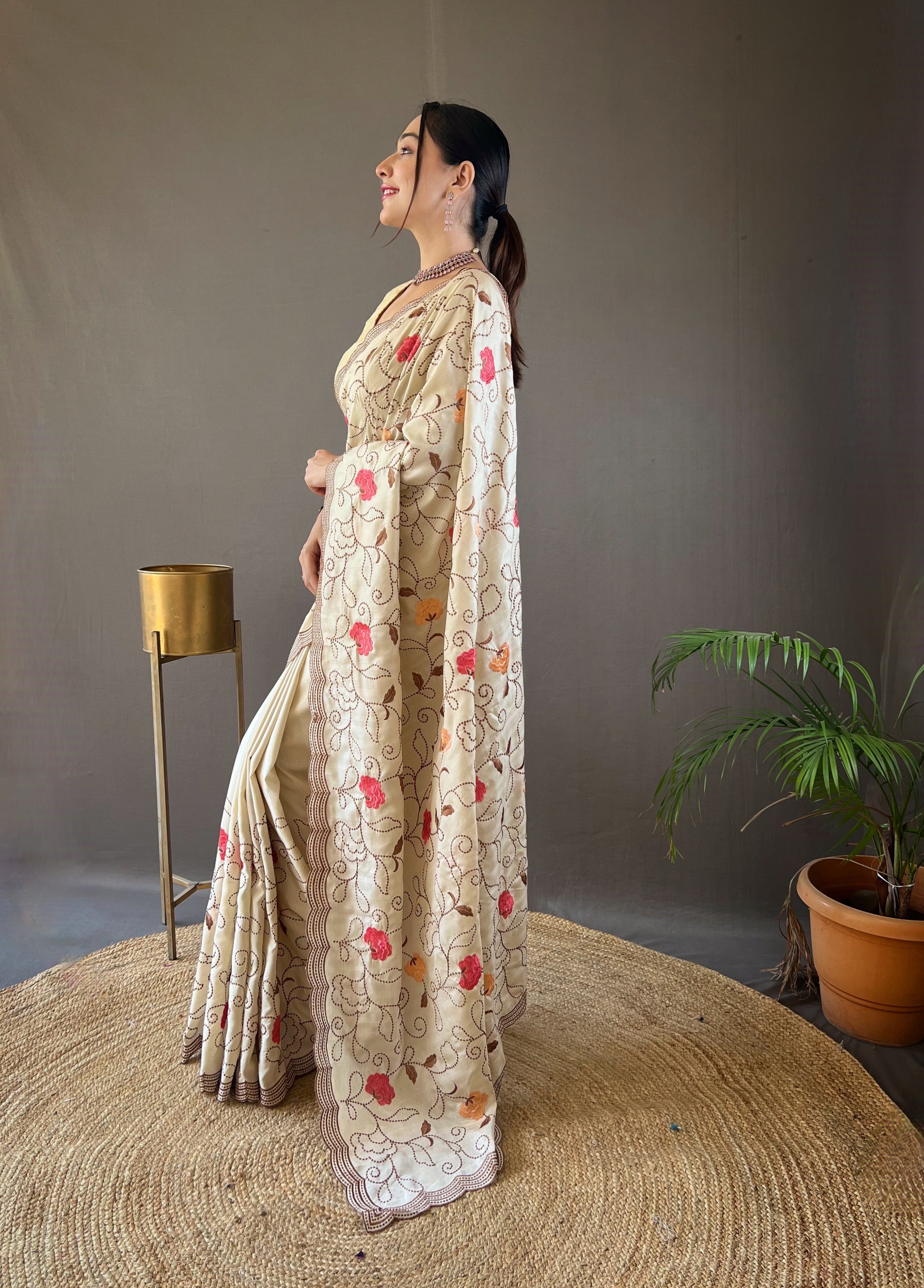 CREAM Pure tussar silk SAREE