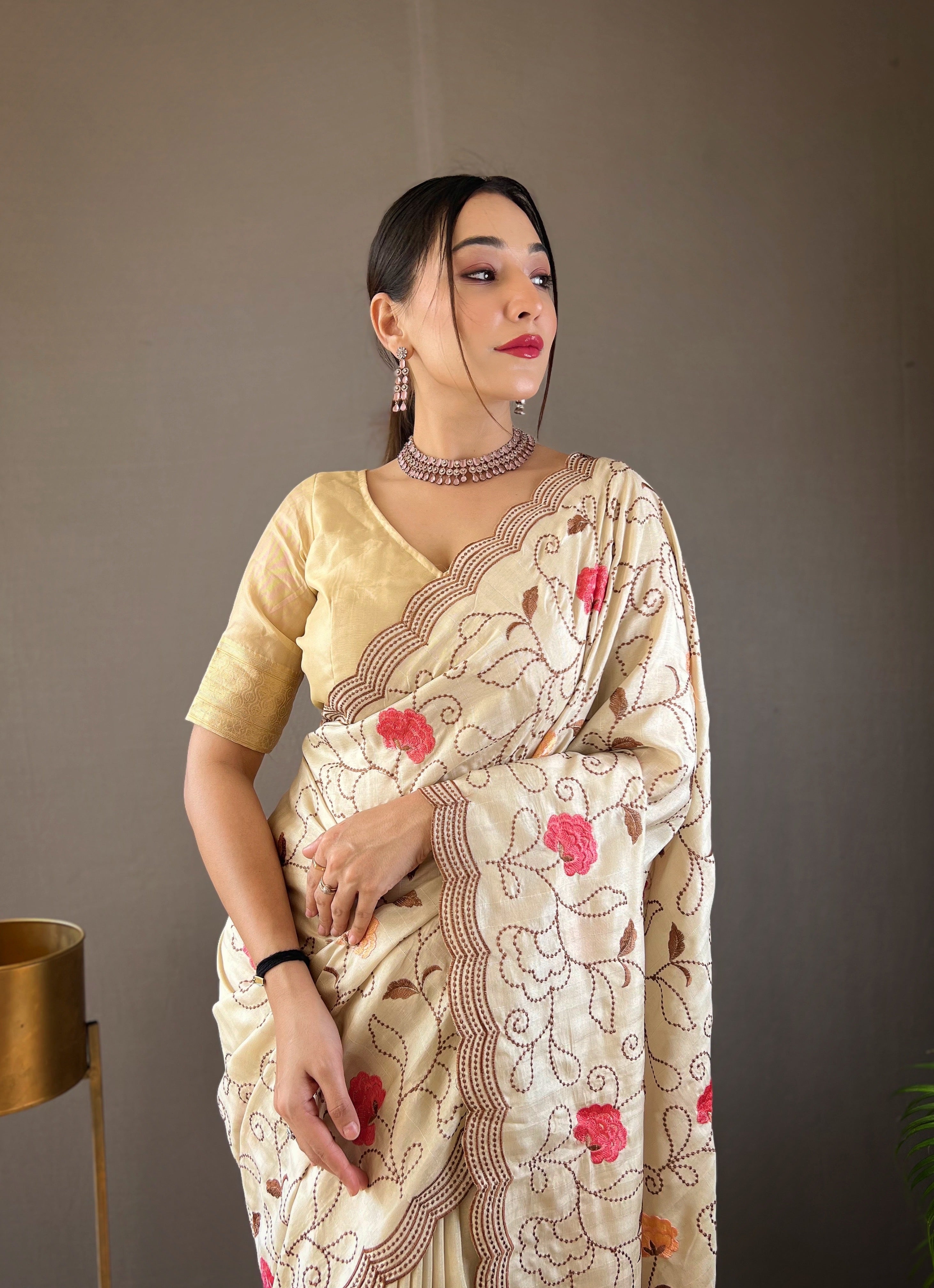 CREAM Pure tussar silk SAREE