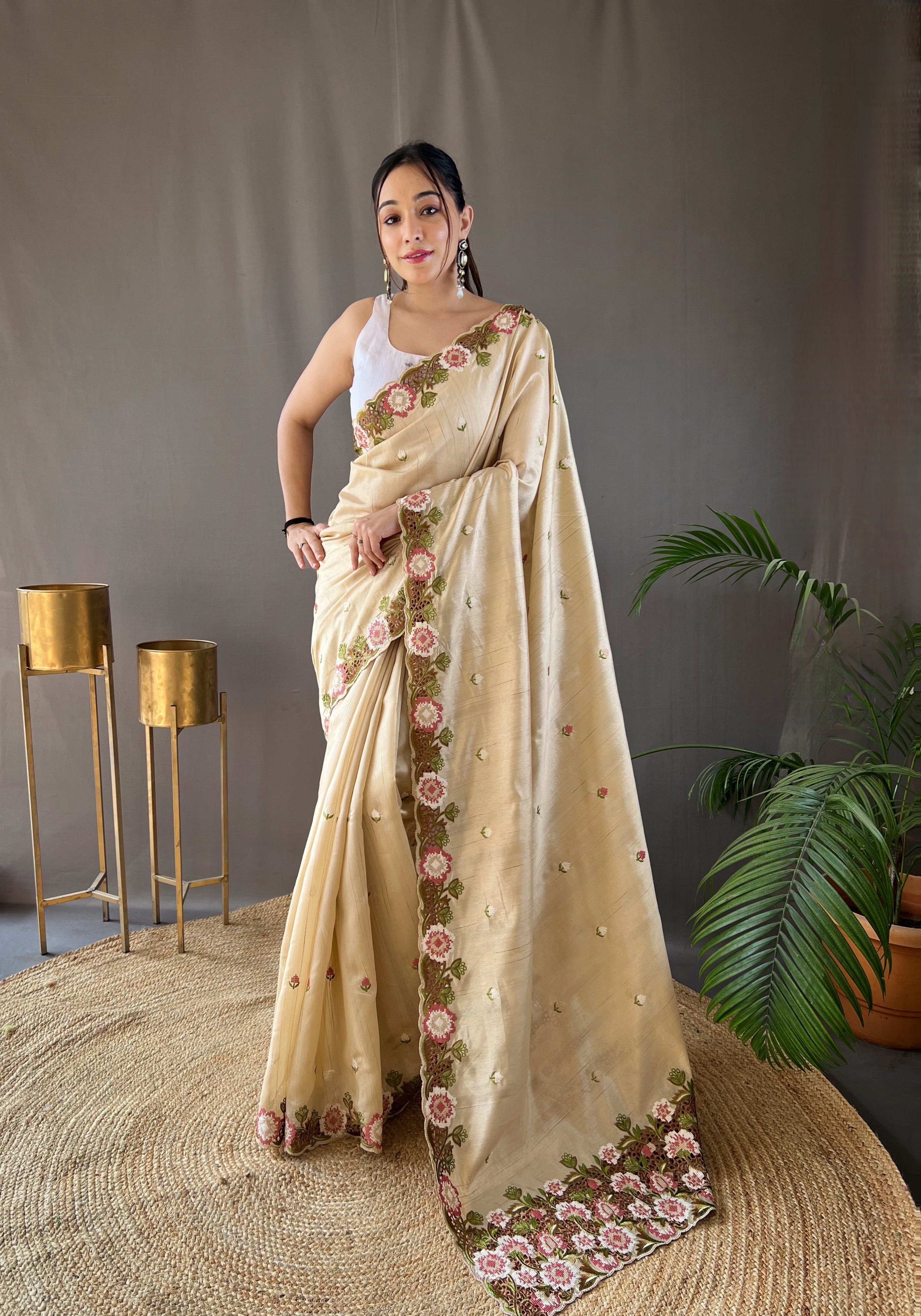 CREAM Pure Tussar silk SAREE