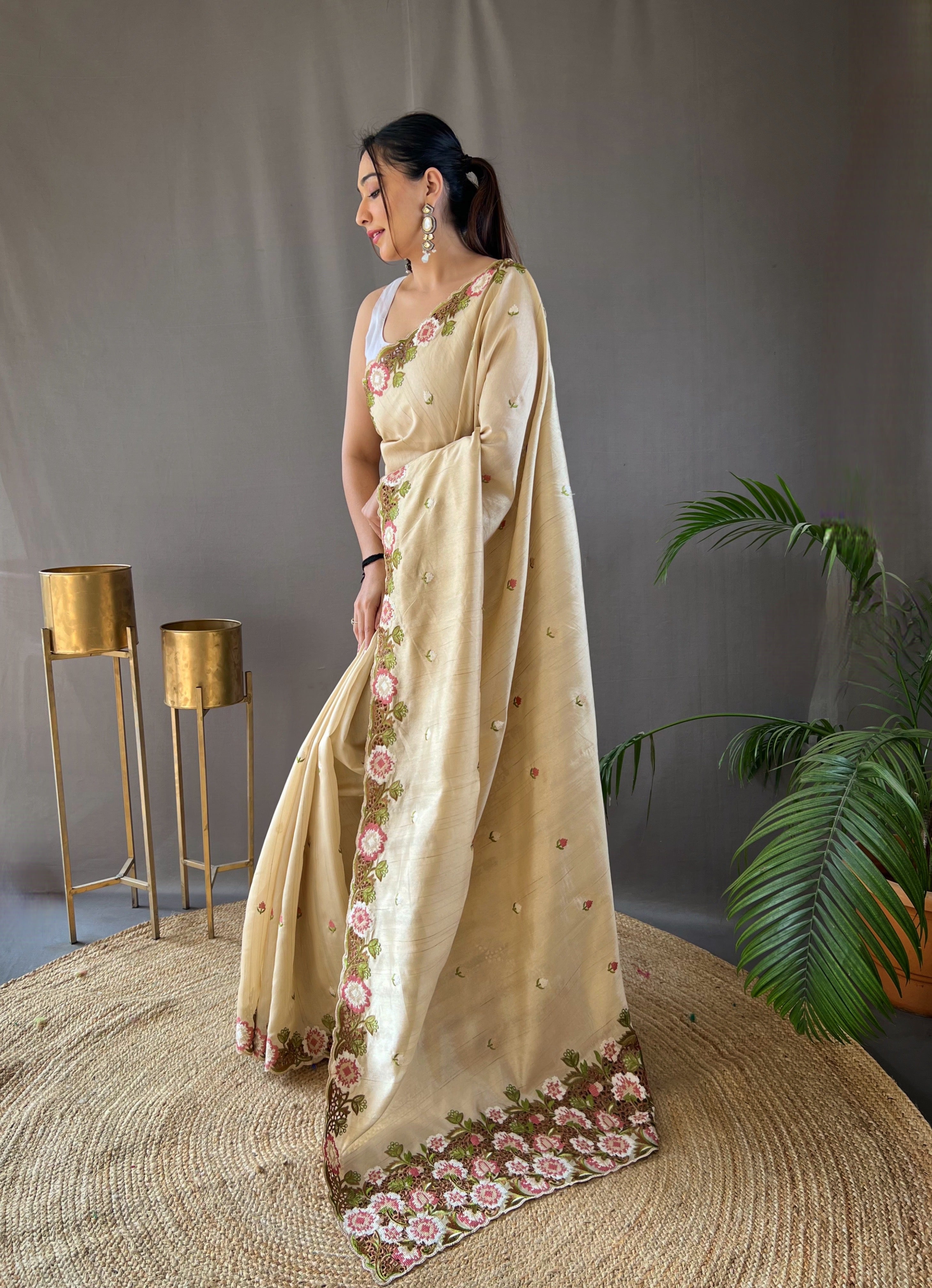 CREAM Pure Tussar silk SAREE