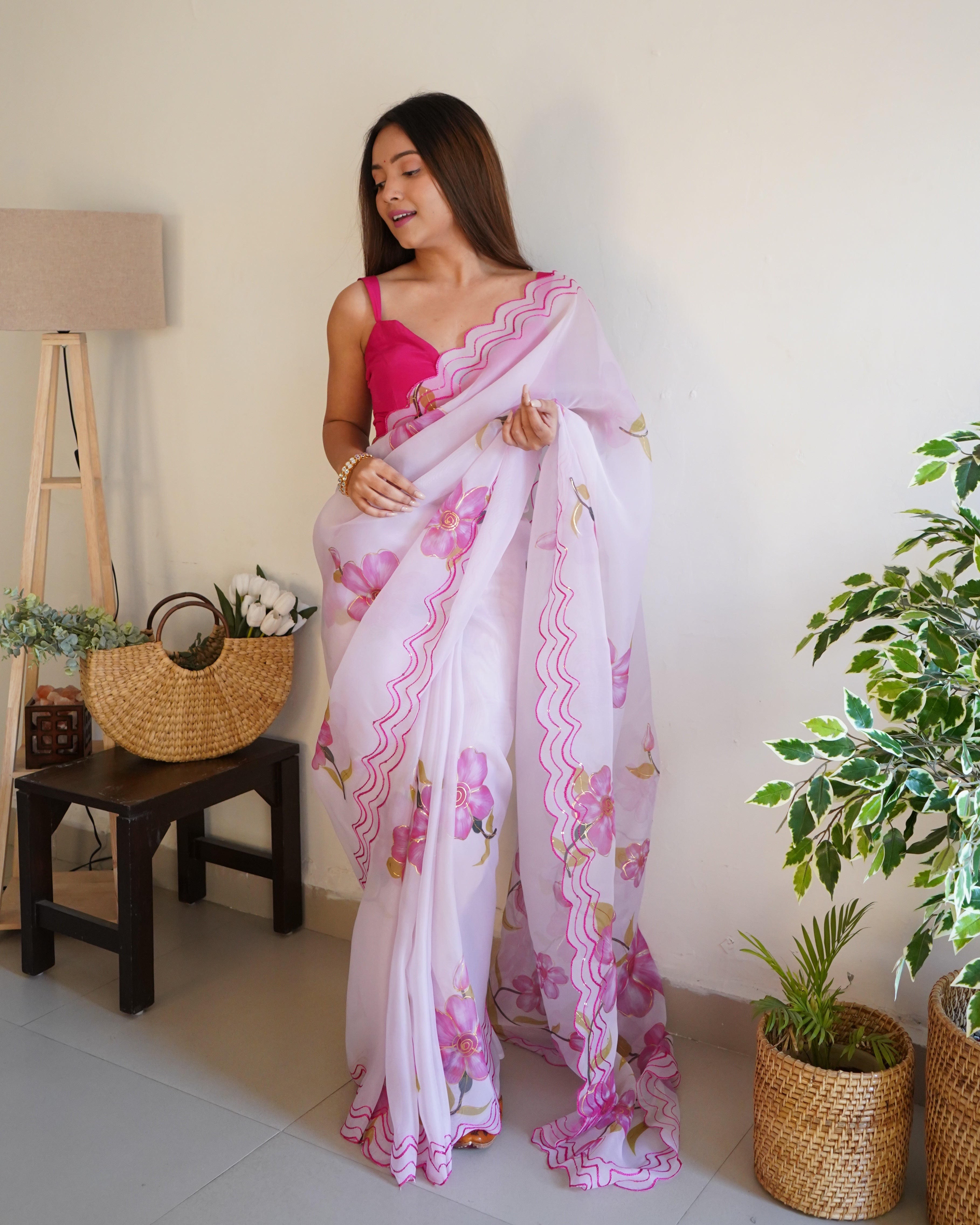 White Organza Saree With sattin benglori Blouse