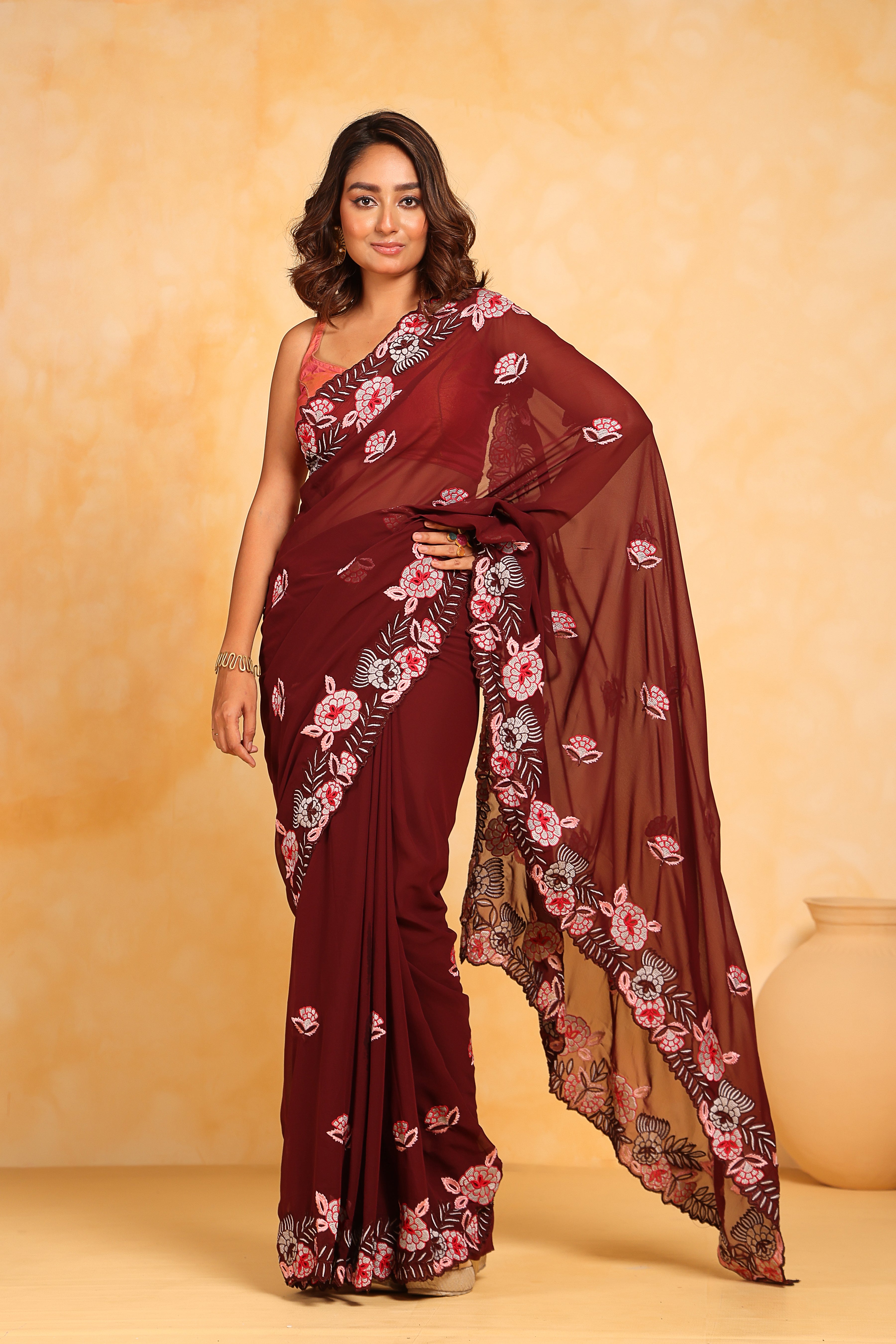 Maroon Georgett silk Saree With sattin benglori Blouse