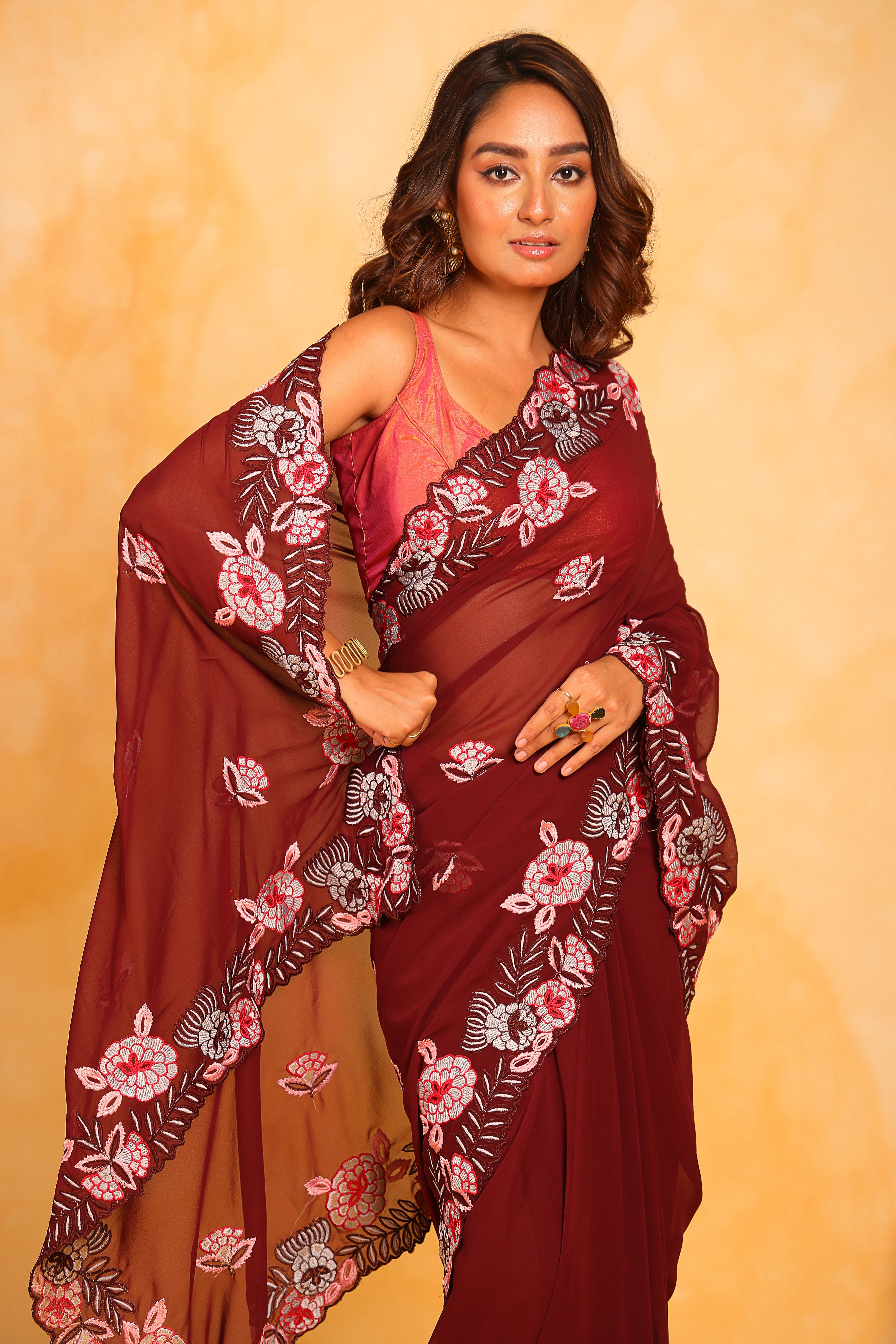 Maroon Georgett silk Saree With sattin benglori Blouse