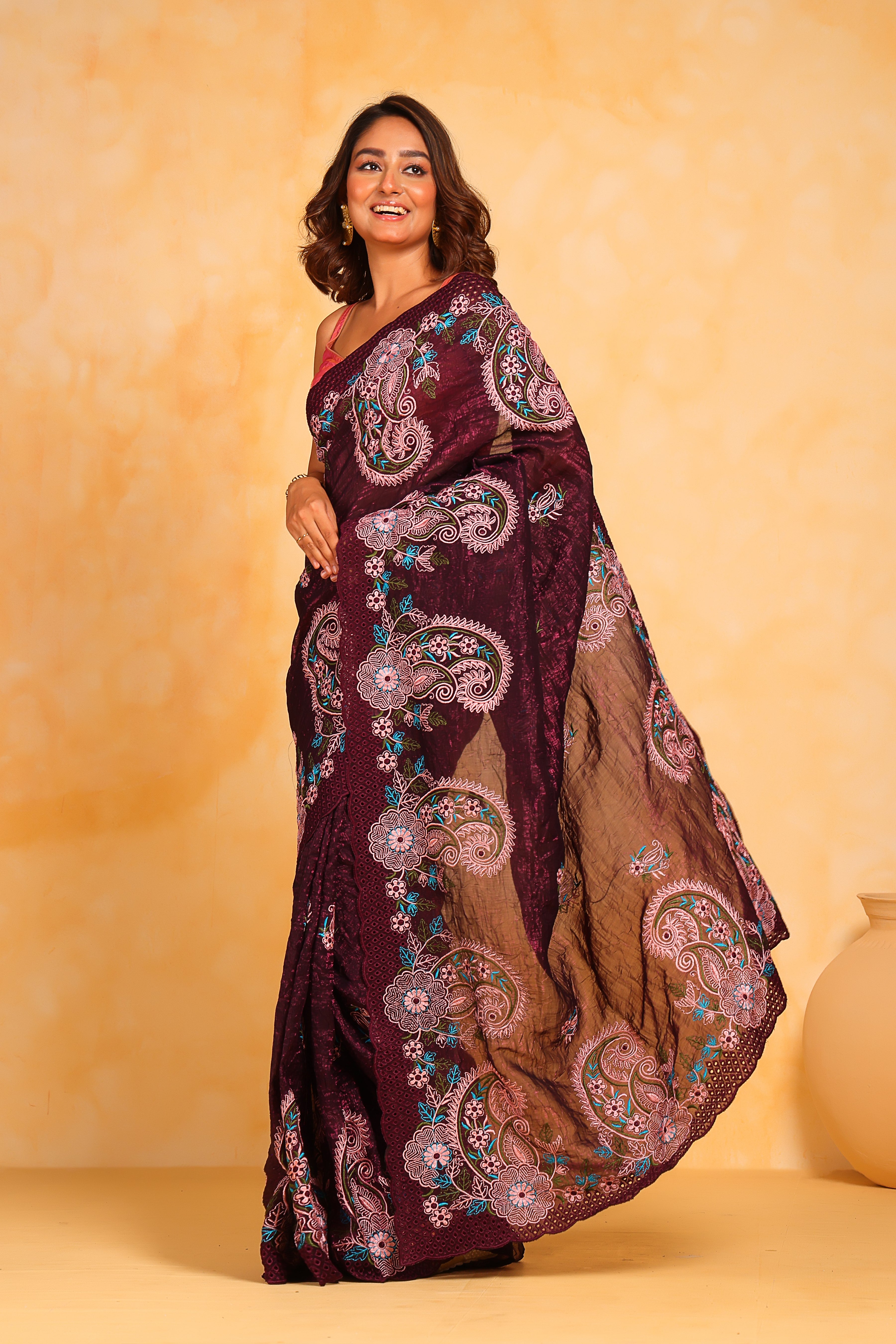 Wine Korean simmer silk Saree With Satin Banglori Blouse