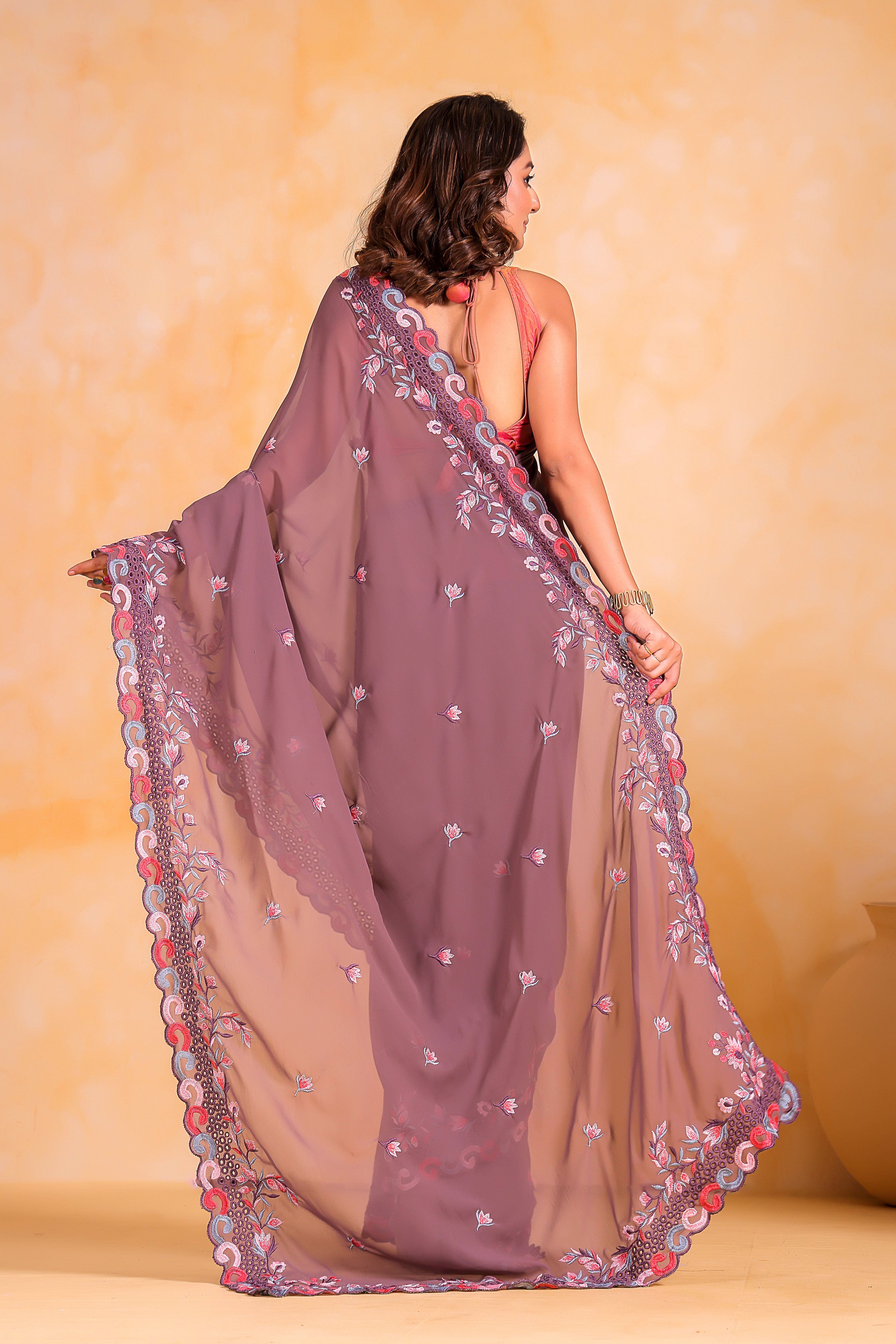 Lavender Georgett silk Saree With Satin Banglori Blouse