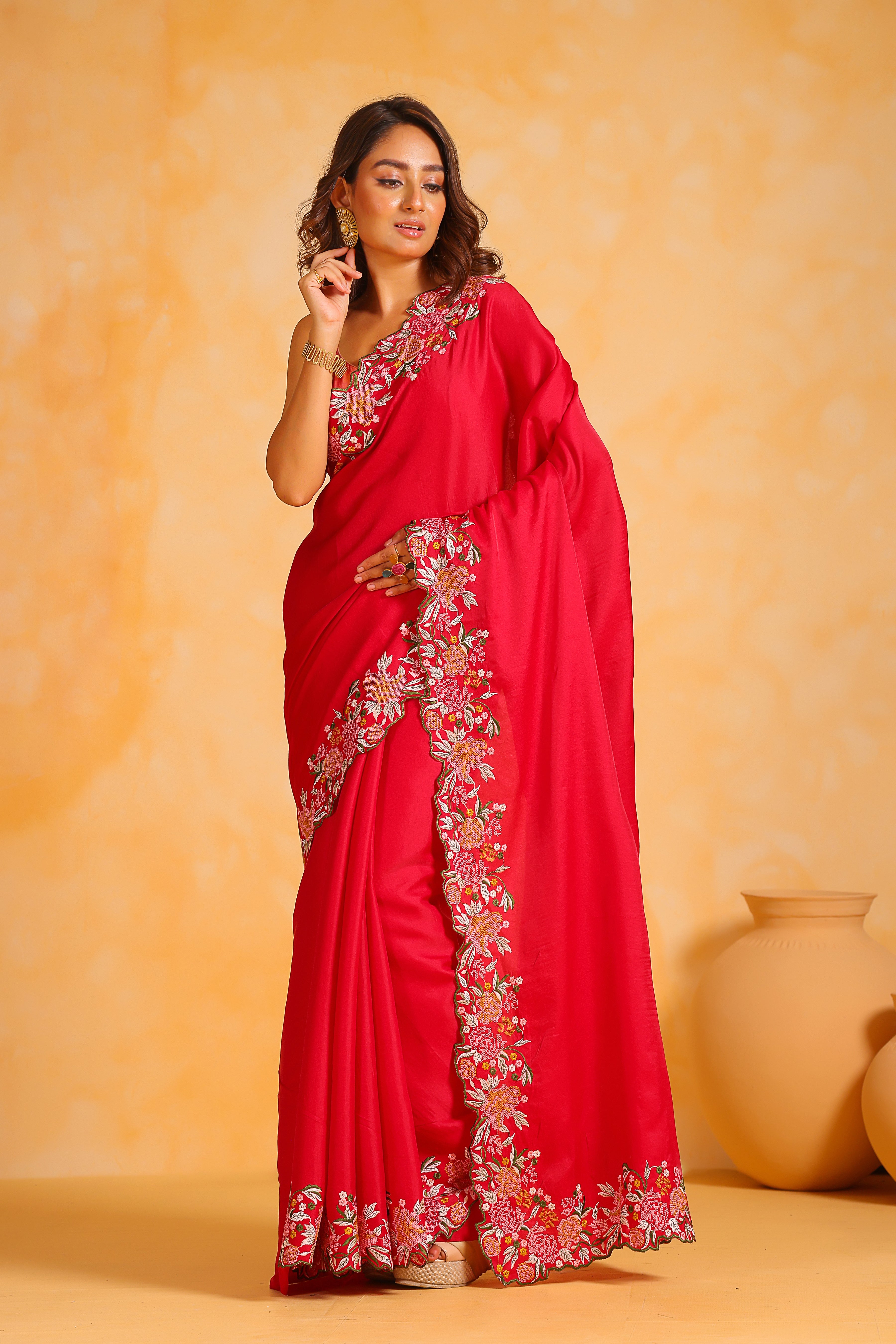 Red Tussar silk Saree With Tussar silk Blouse