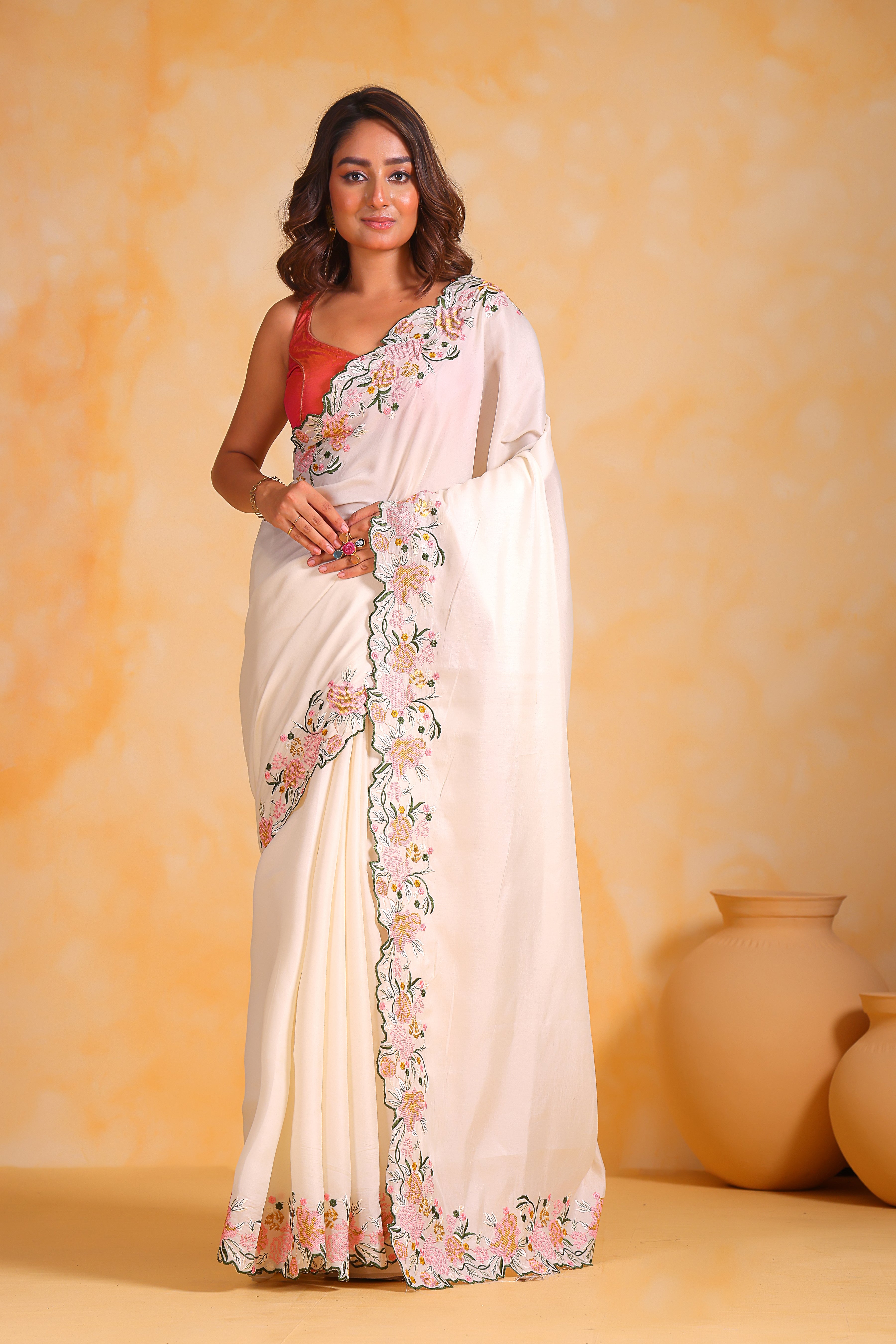 White Tussar silk Saree With Tussar silk Blouse