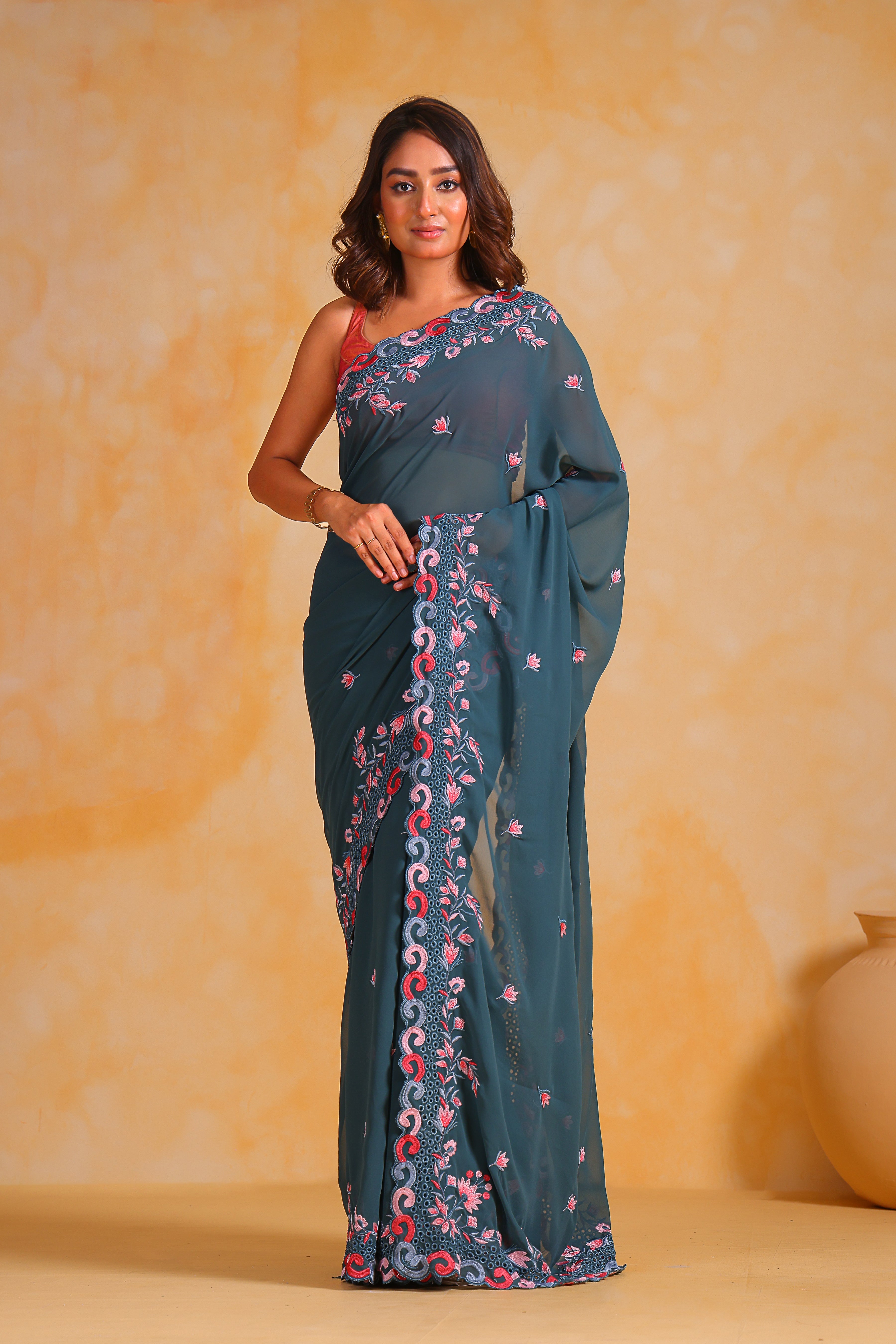 BLUE Georgett silk Saree With Satin Banglori Blouse